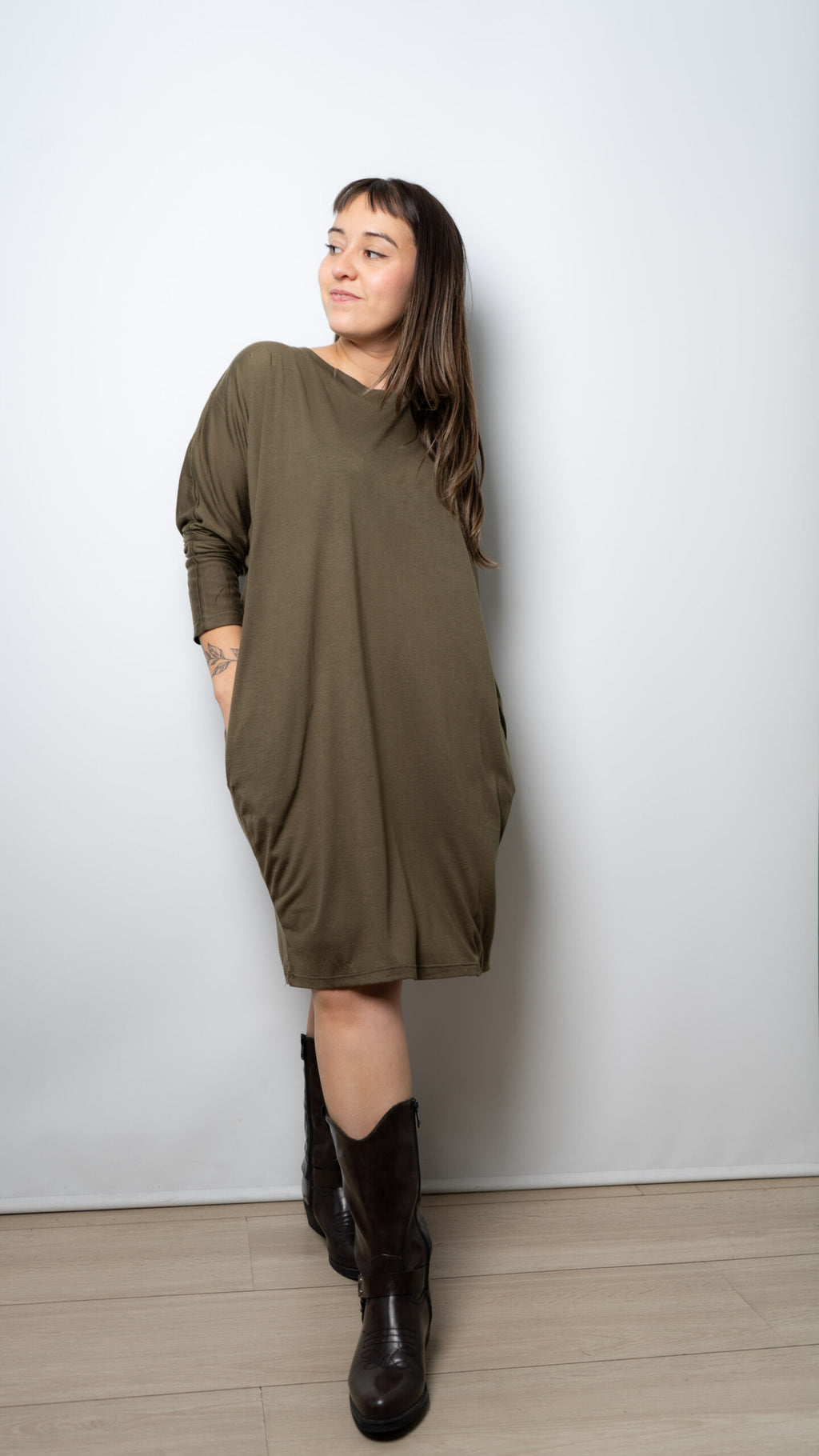 Vestido algodon - manga larga - Verde oscuro