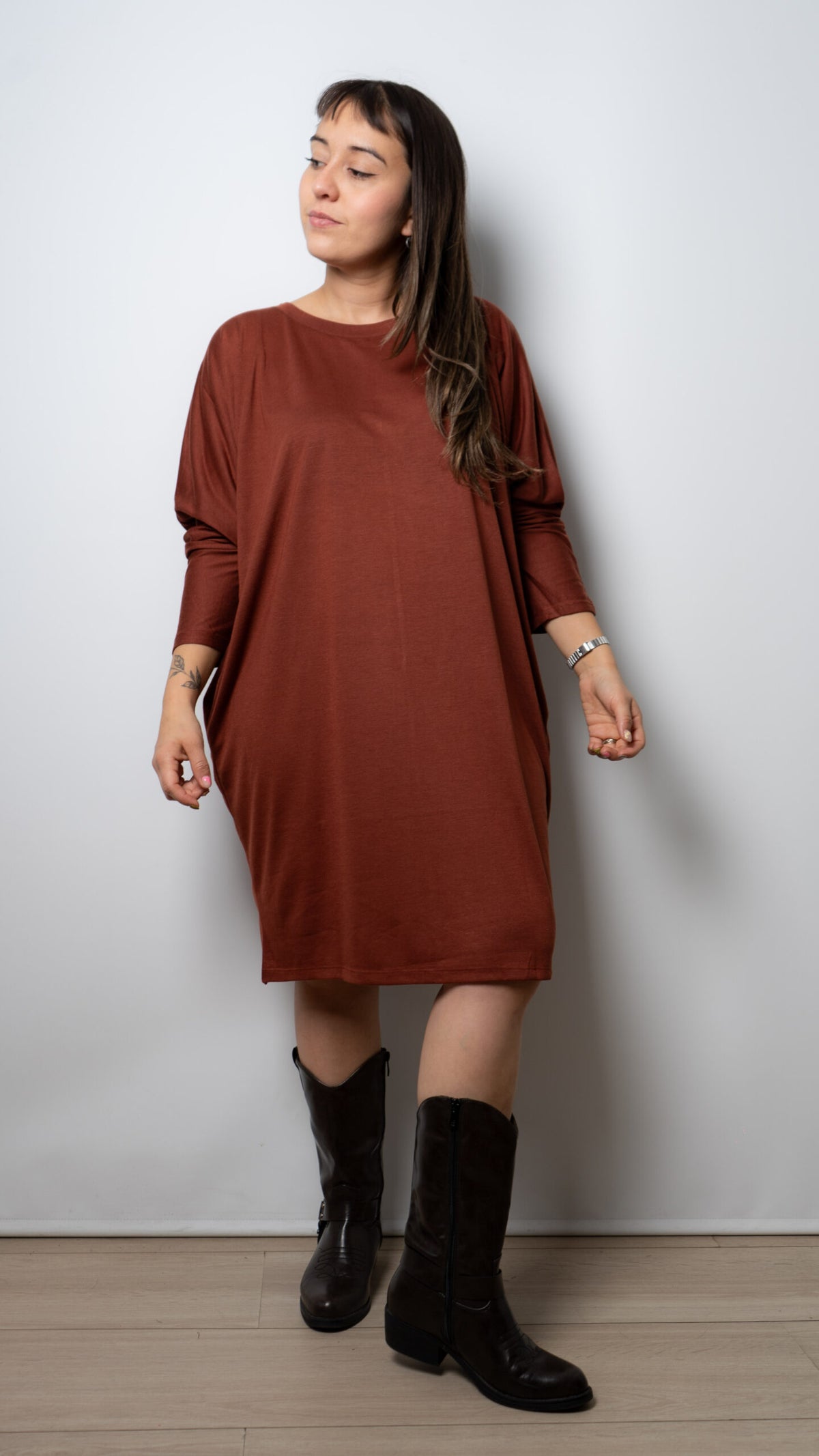 Vestido algodon - manga larga - Cafe