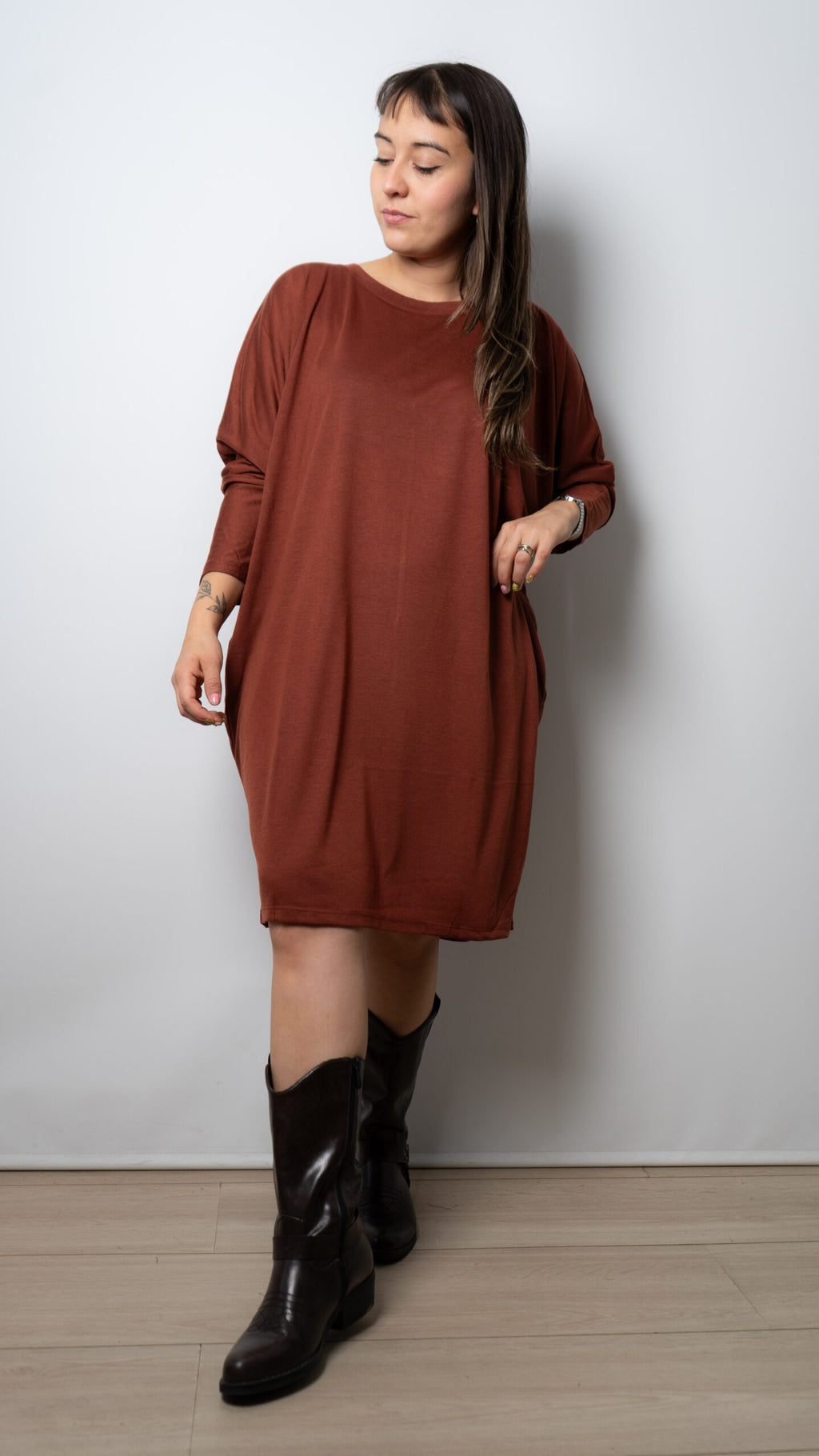 Vestido algodon - manga larga - Cafe