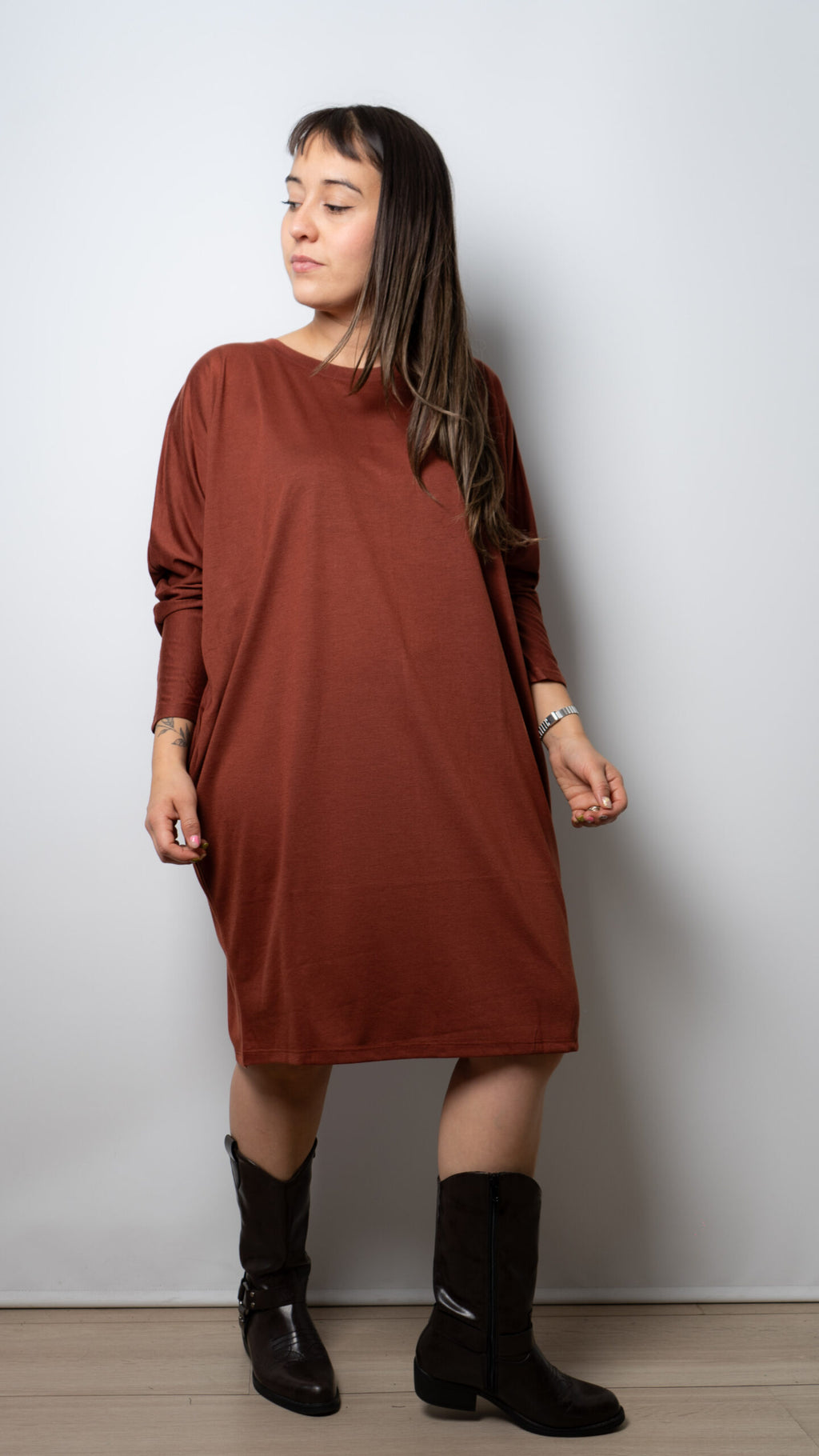 Vestido algodon - manga larga - Cafe