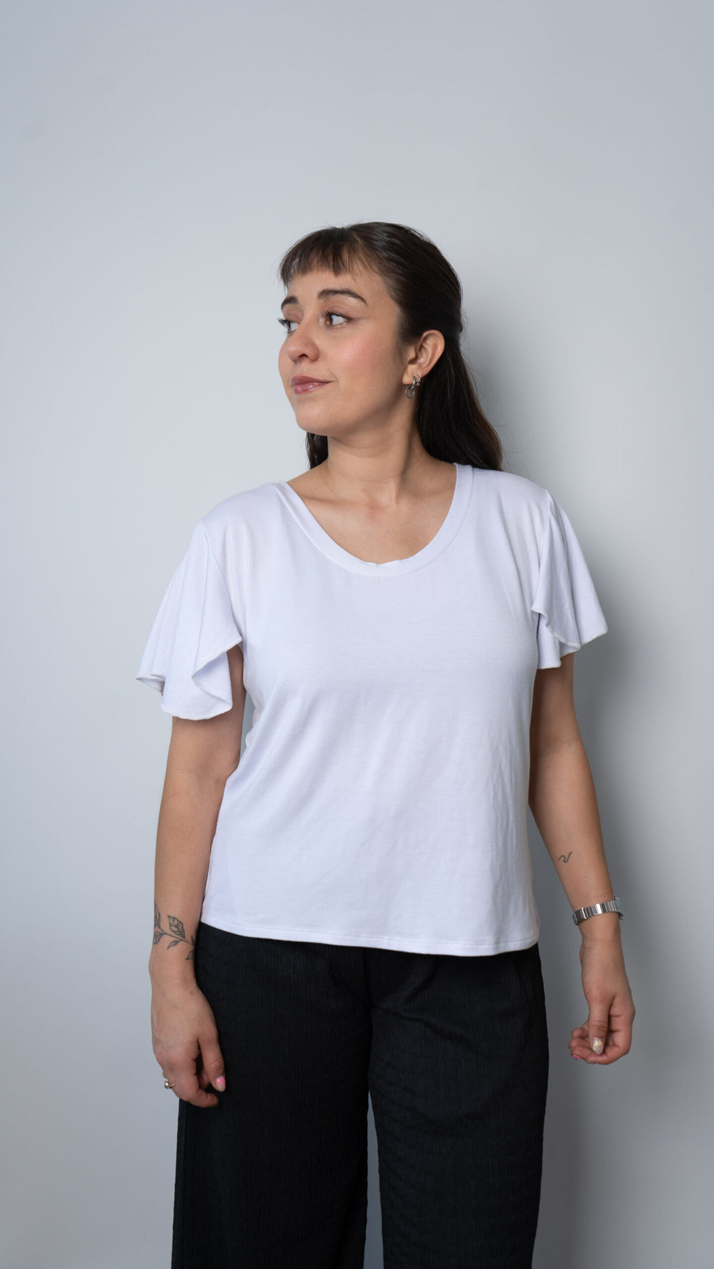 Polera algodon - manga vuelos - Blanca