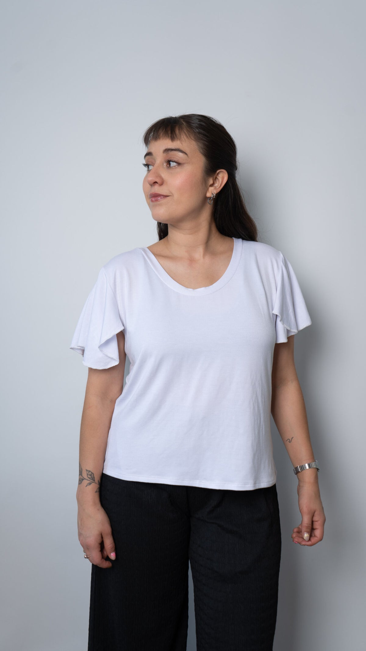 Polera algodon - manga vuelos - Blanca