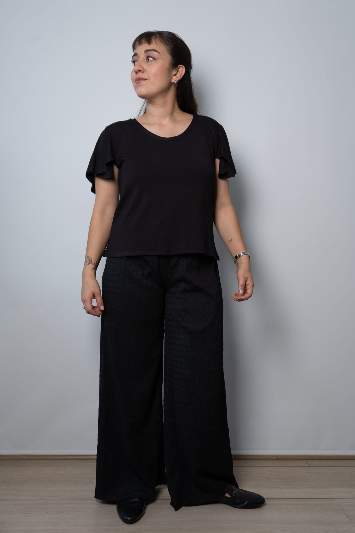 Polera algodon - manga vuelos - Negro