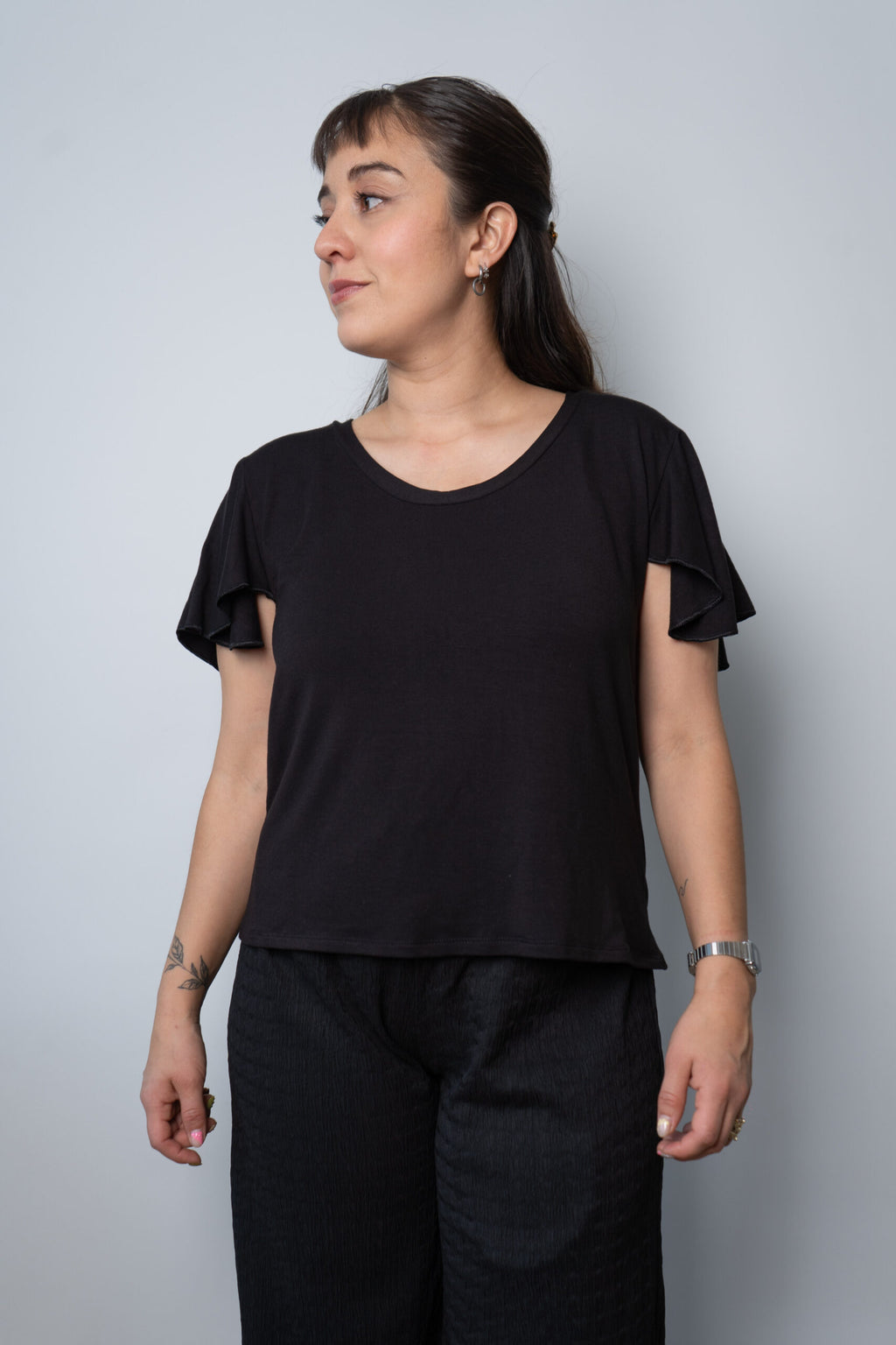 Polera algodon - manga vuelos - Negro