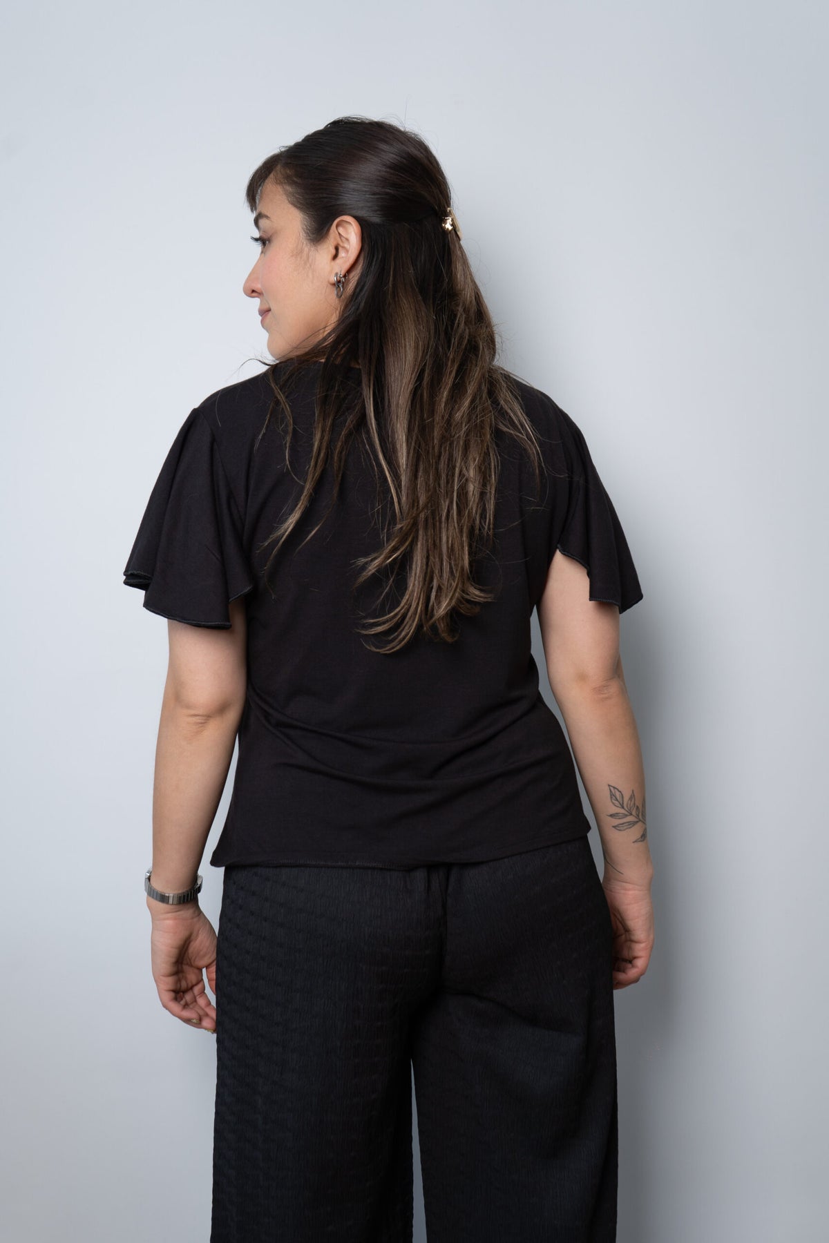 Polera algodon - manga vuelos - Negro