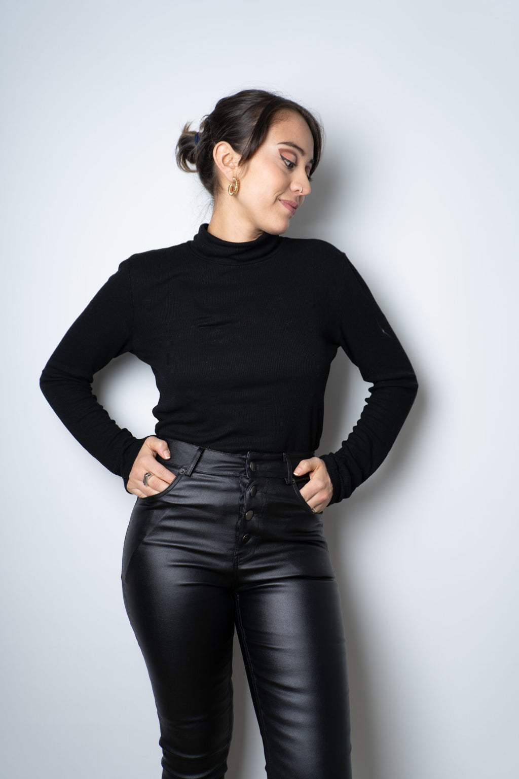 Pantalon Ecocuero con botones - Negro