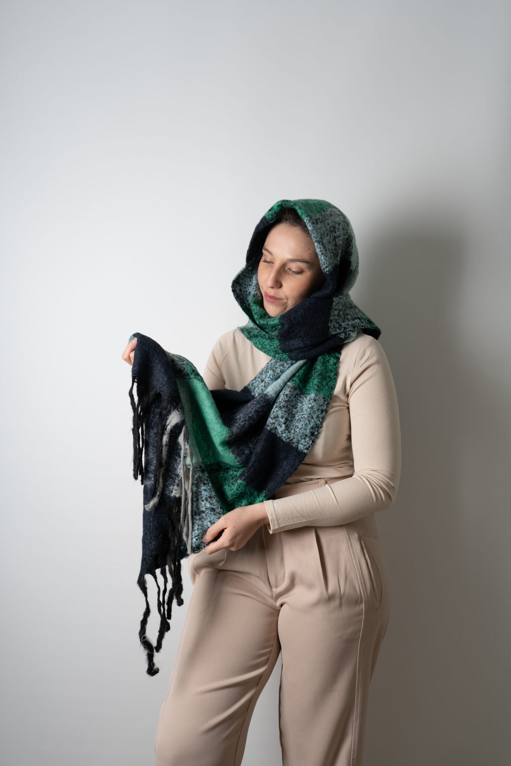Bufanda - maxi bufanda cuadrille - Verde oscuro celeste gris
