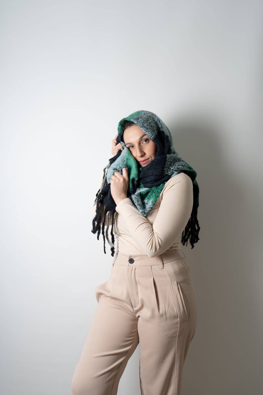Bufanda - maxi bufanda cuadrille - Verde oscuro celeste gris