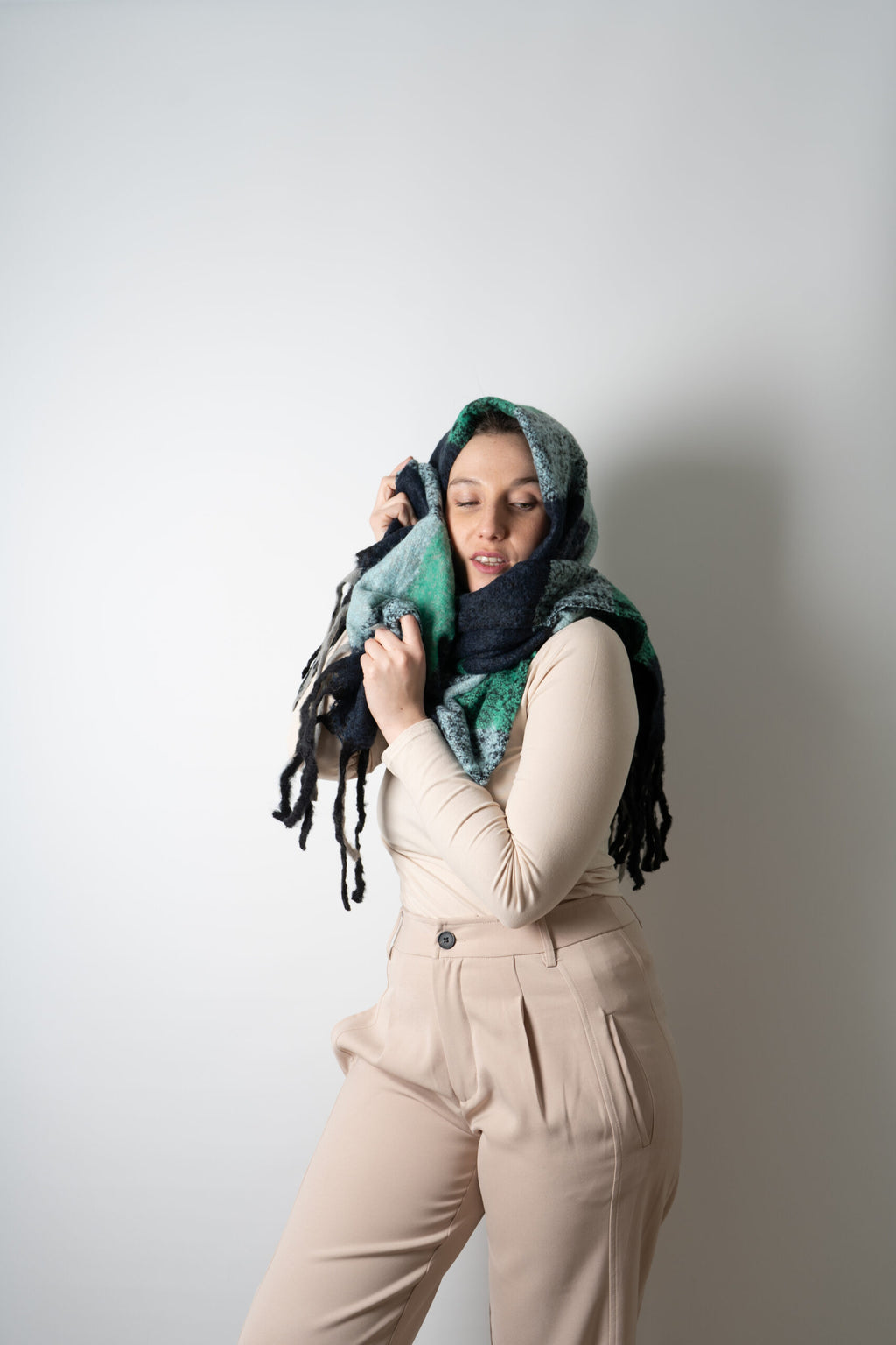 Bufanda - maxi bufanda cuadrille - Verde oscuro celeste gris