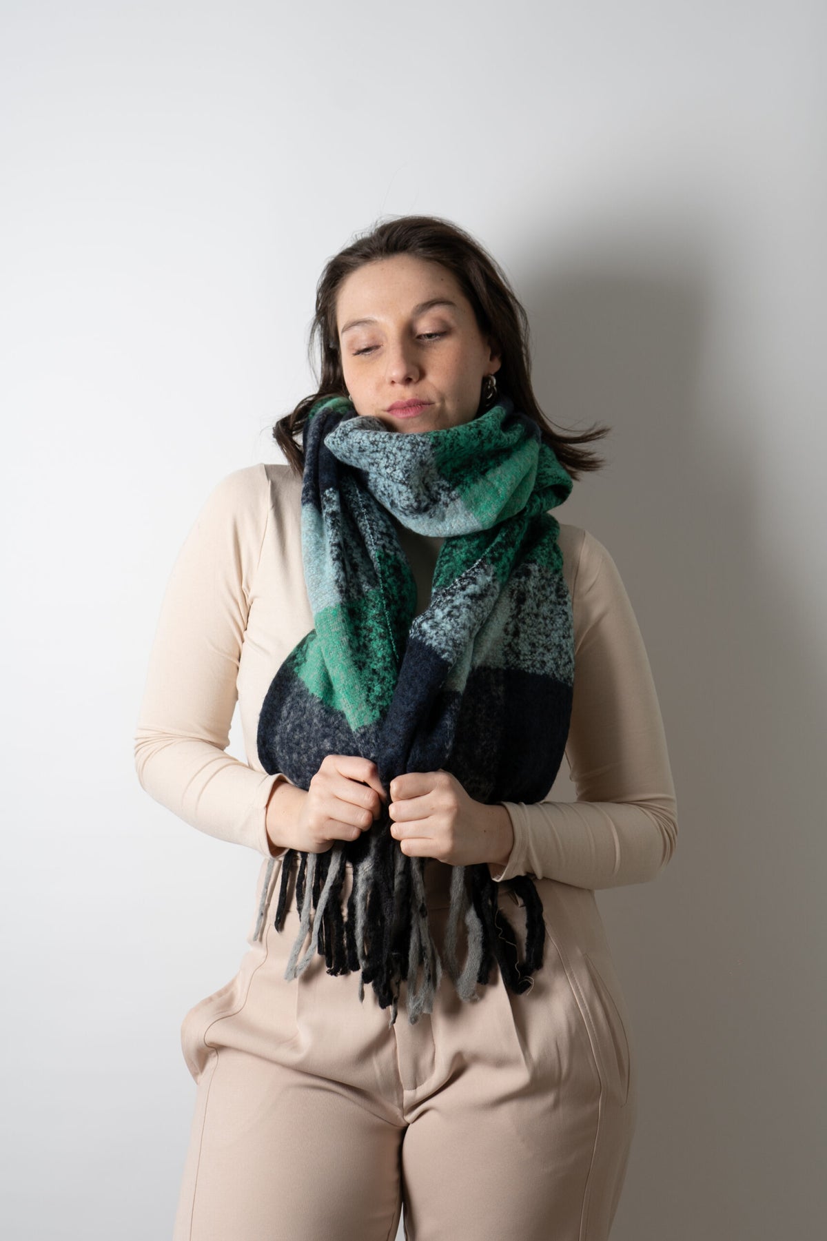 Bufanda - maxi bufanda cuadrille - Verde oscuro celeste gris