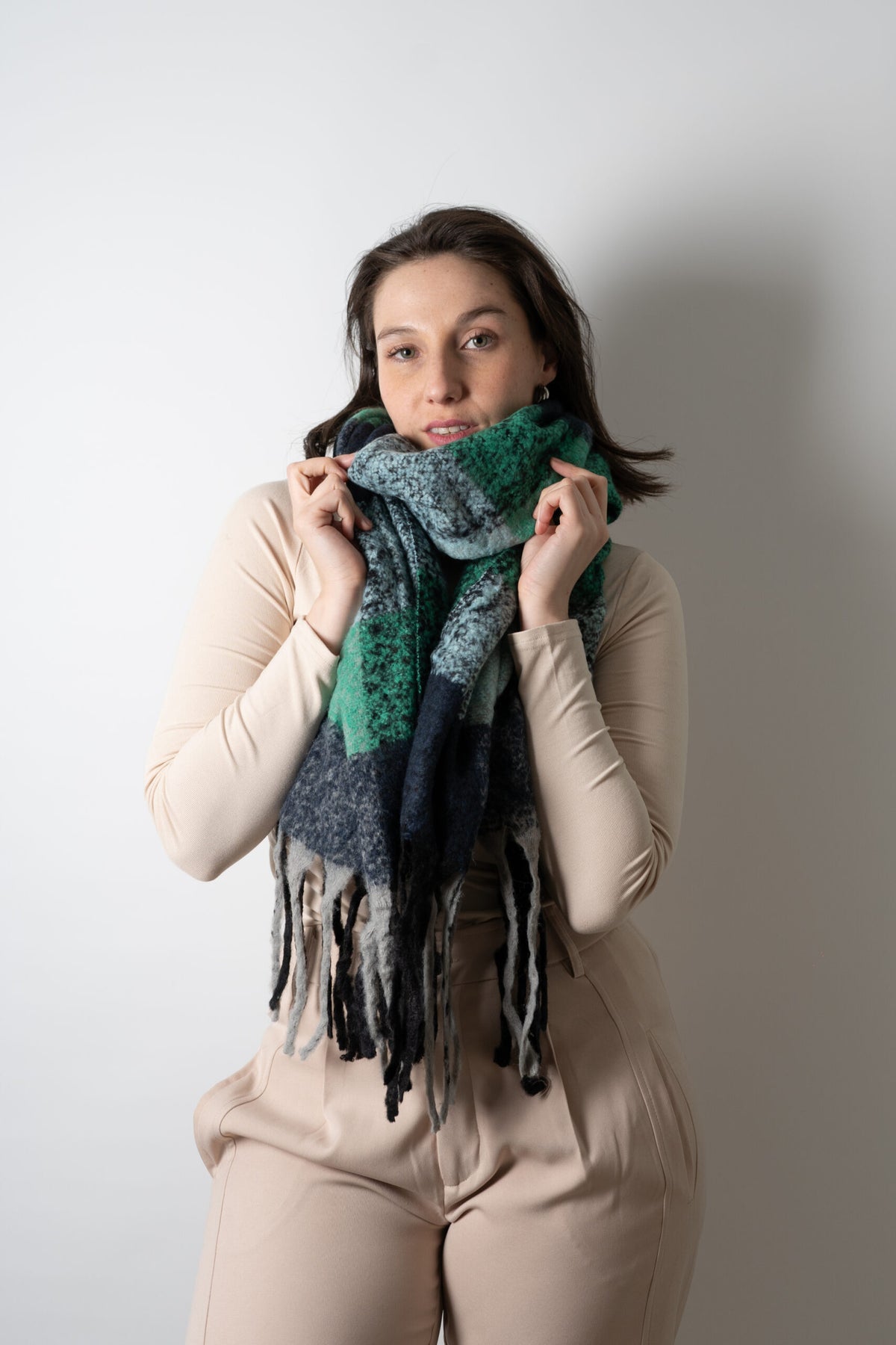 Bufanda - maxi bufanda cuadrille - Verde oscuro celeste gris