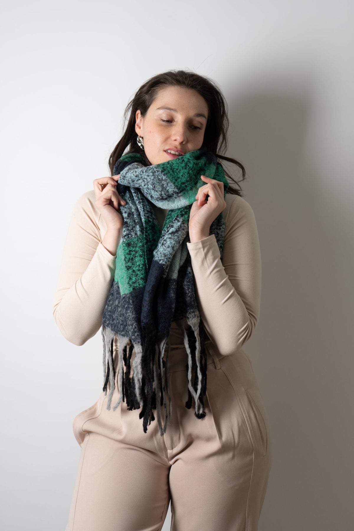 Bufanda - maxi bufanda cuadrille - Verde oscuro celeste gris