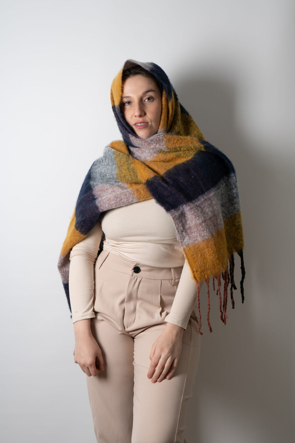 Bufanda - maxi bufanda cuadrille - Mostaza rosa azul