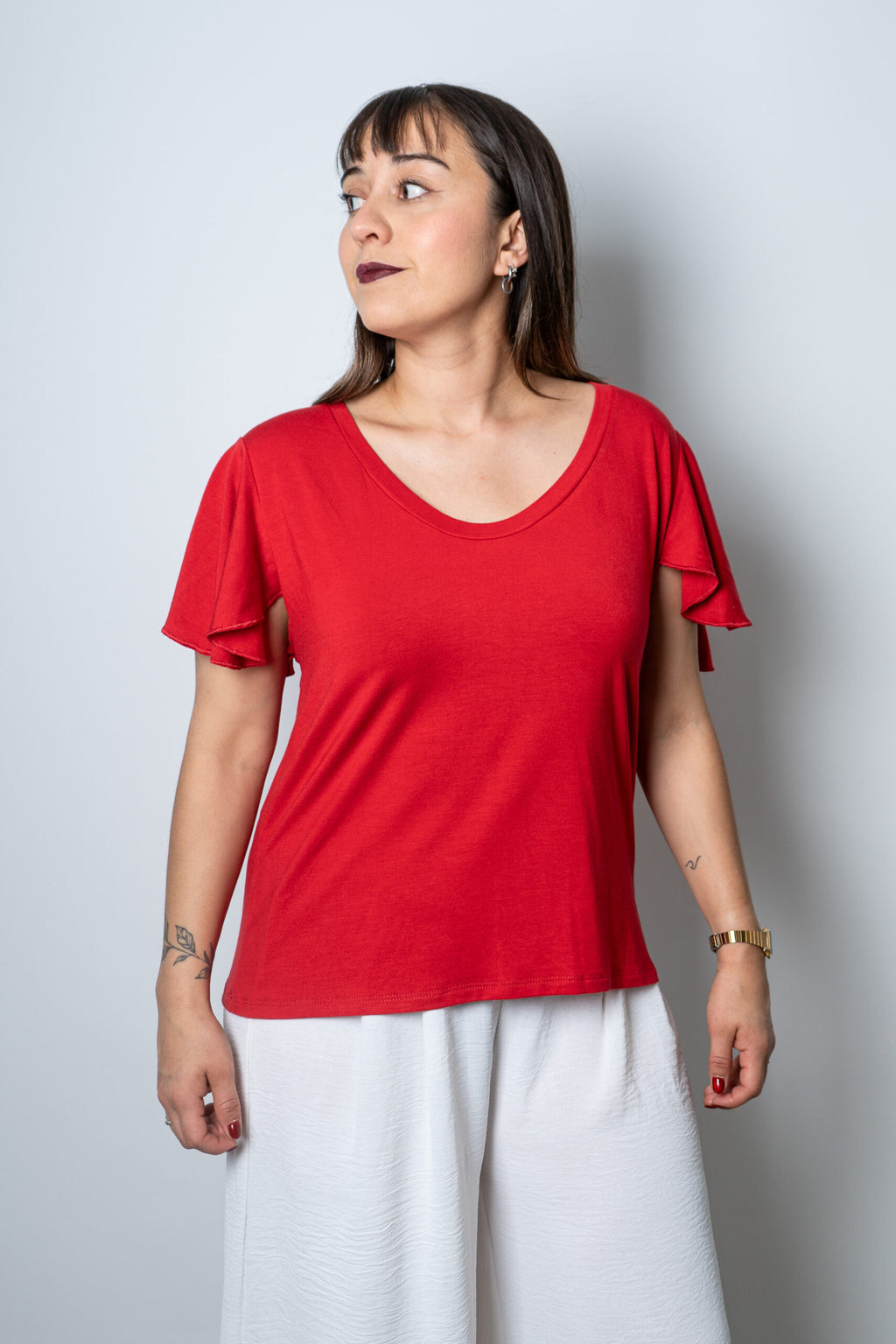 Polera algodon - manga vuelos - Rojo