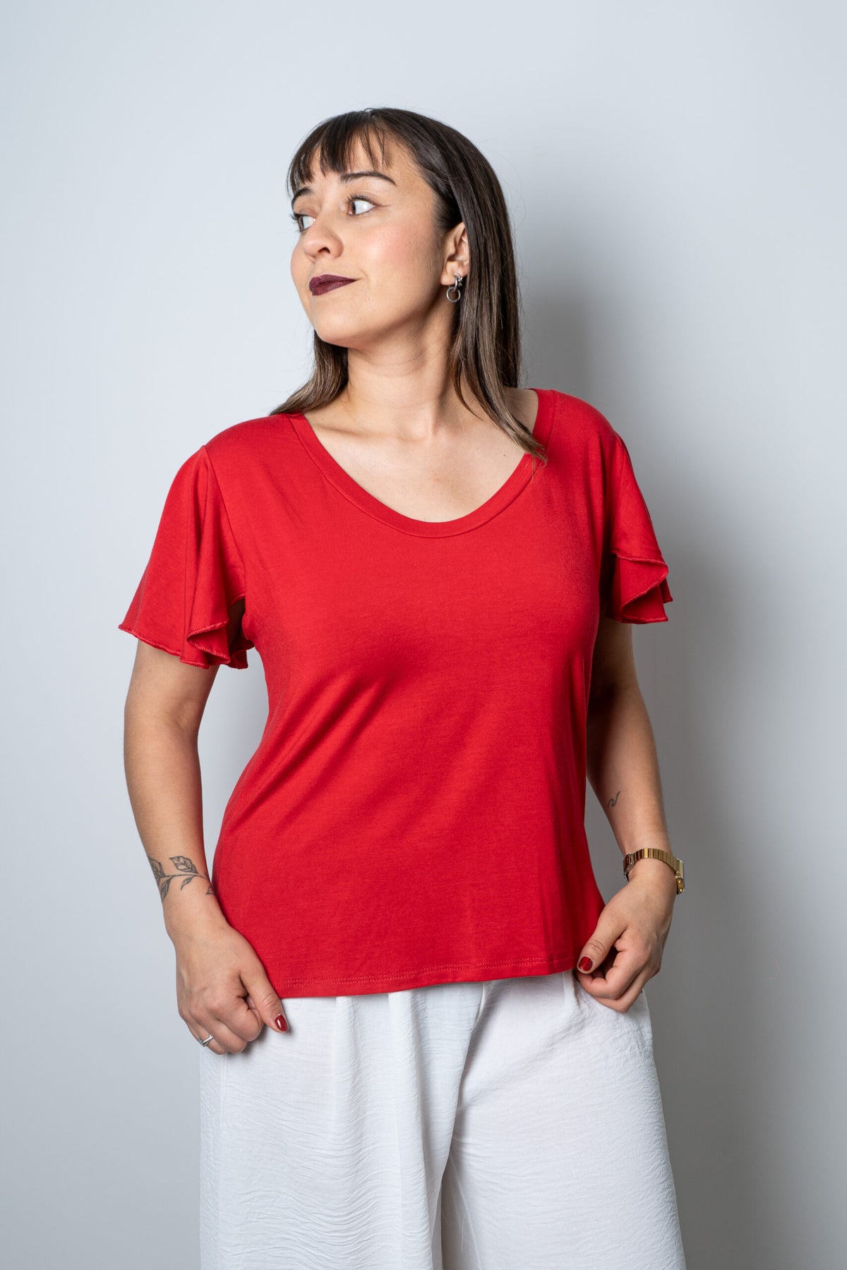 Polera algodon - manga vuelos - Rojo