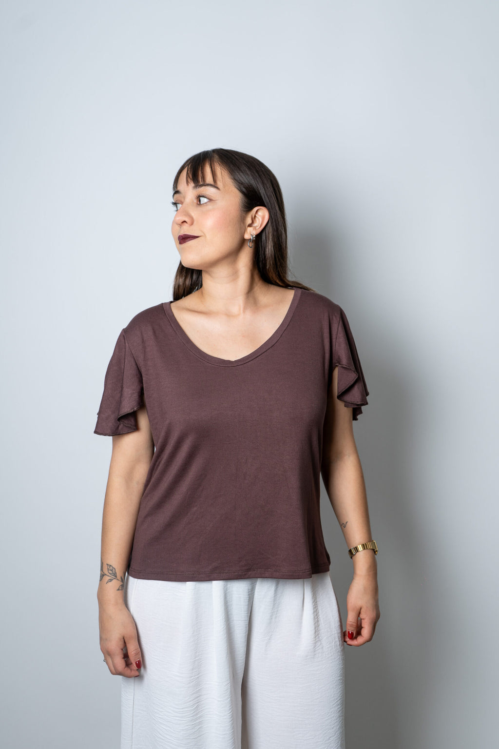Polera algodon - manga vuelos - Cafe