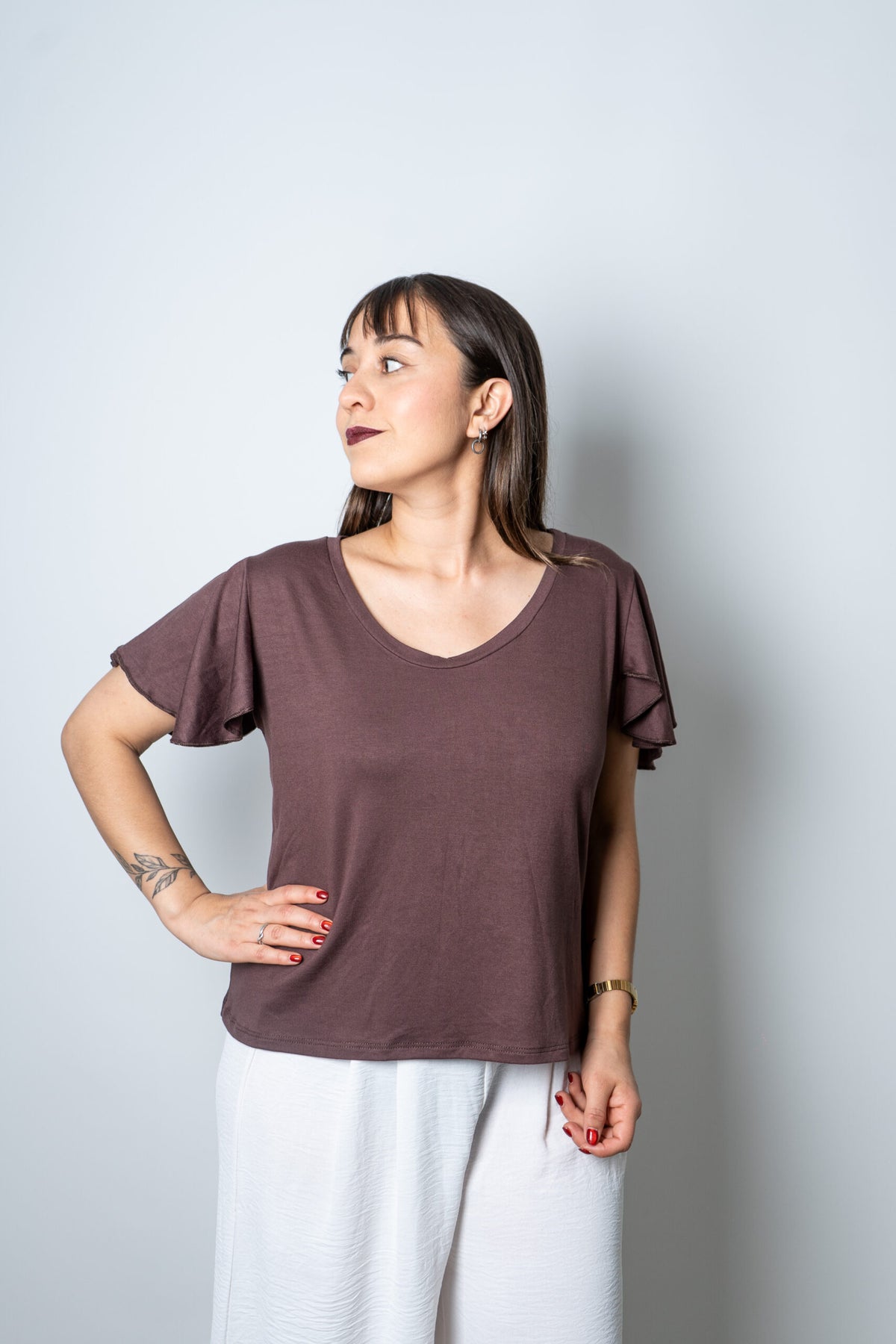 Polera algodon - manga vuelos - Cafe
