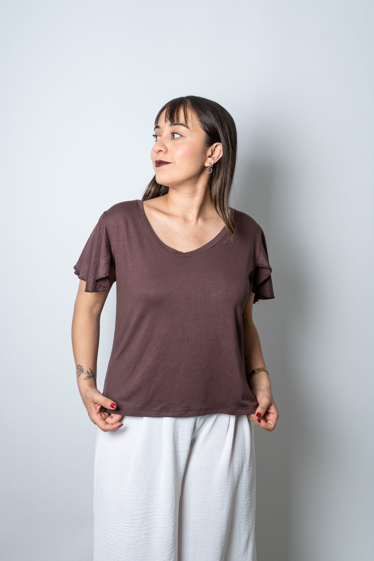 Polera algodon - manga vuelos - Cafe