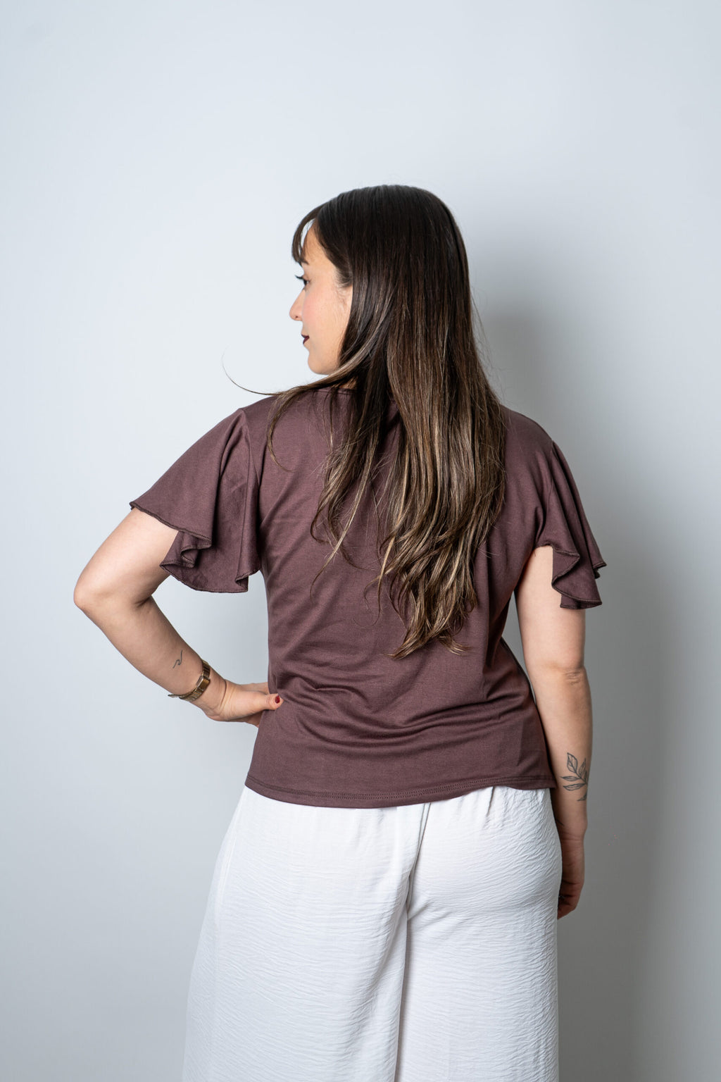 Polera algodon - manga vuelos - Cafe