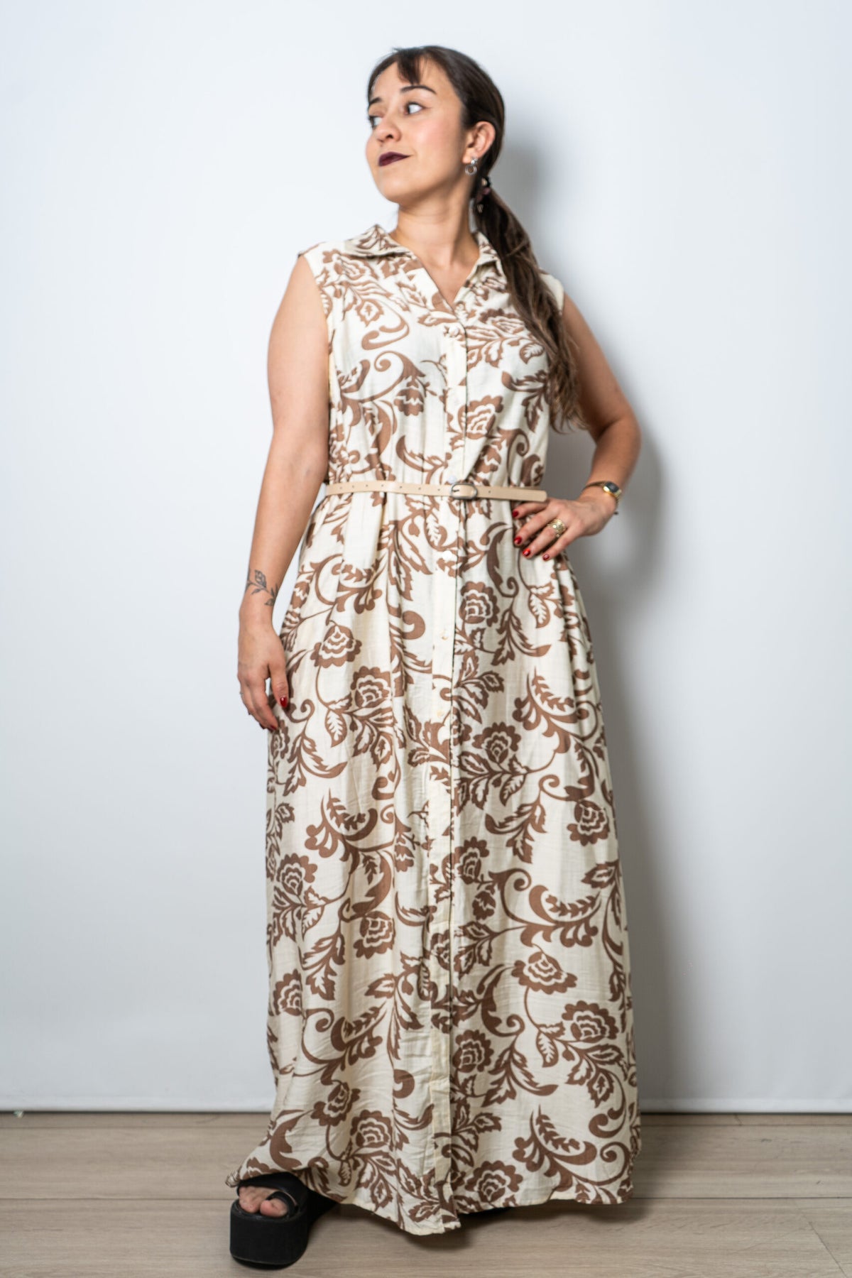 Vestido Estampado Mila - Blanco y beige