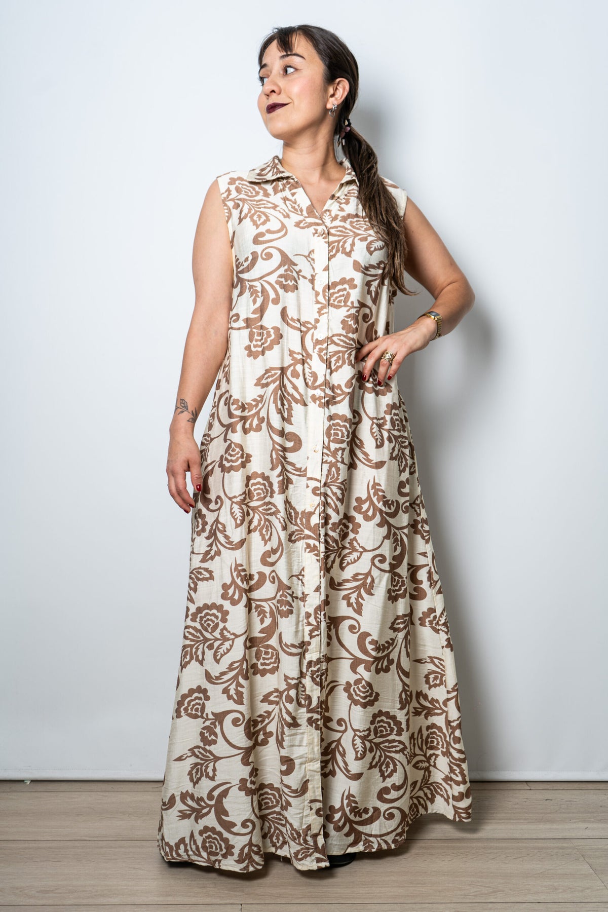 Vestido Estampado Mila - Blanco y beige