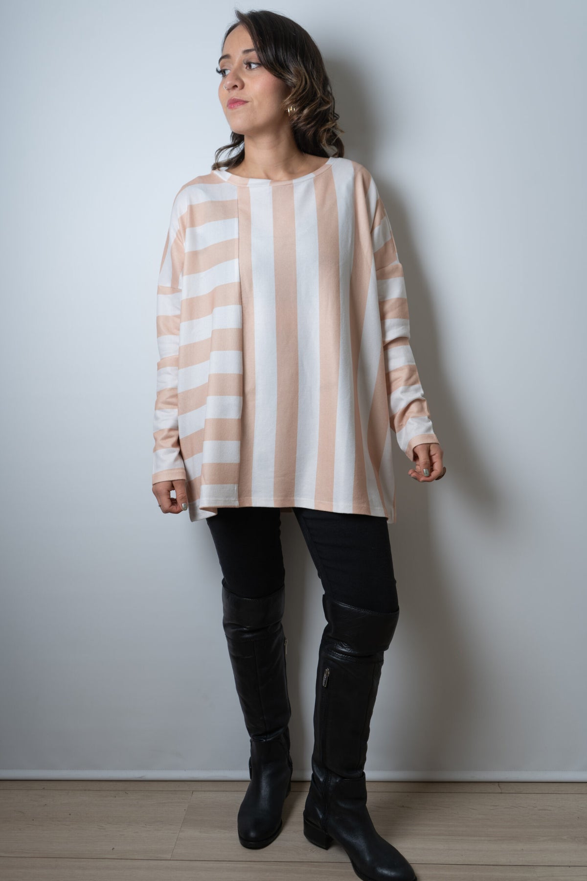 Polera Lanilla Lineas - Blanco y rosa claro