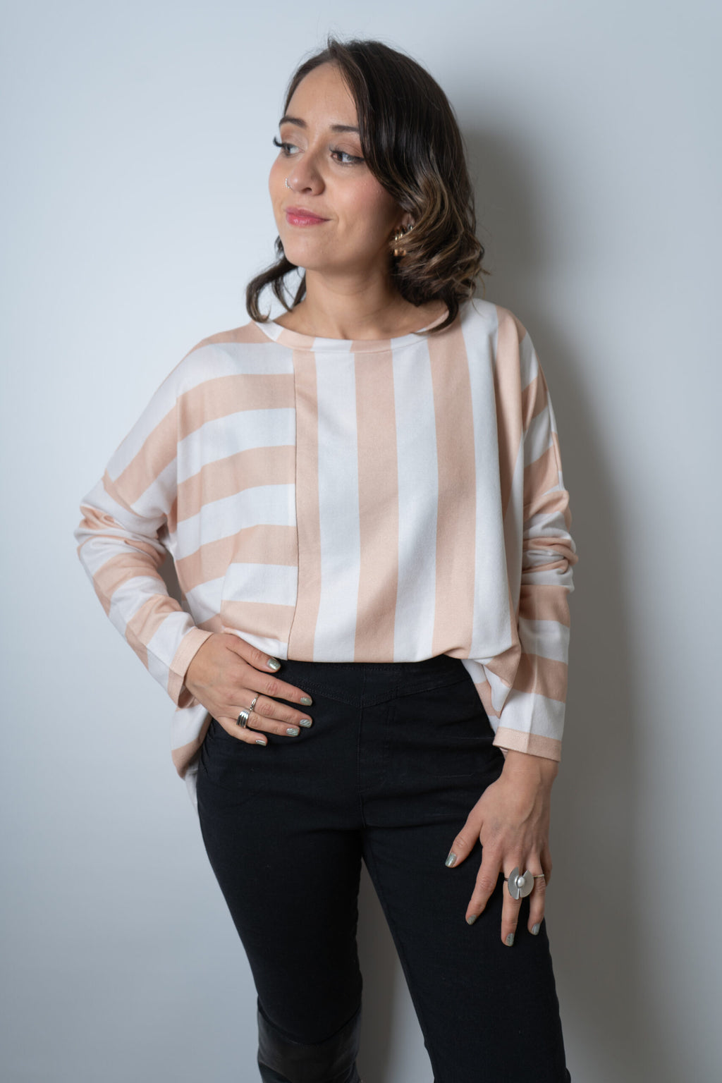 Polera Lanilla Lineas - Blanco y rosa claro