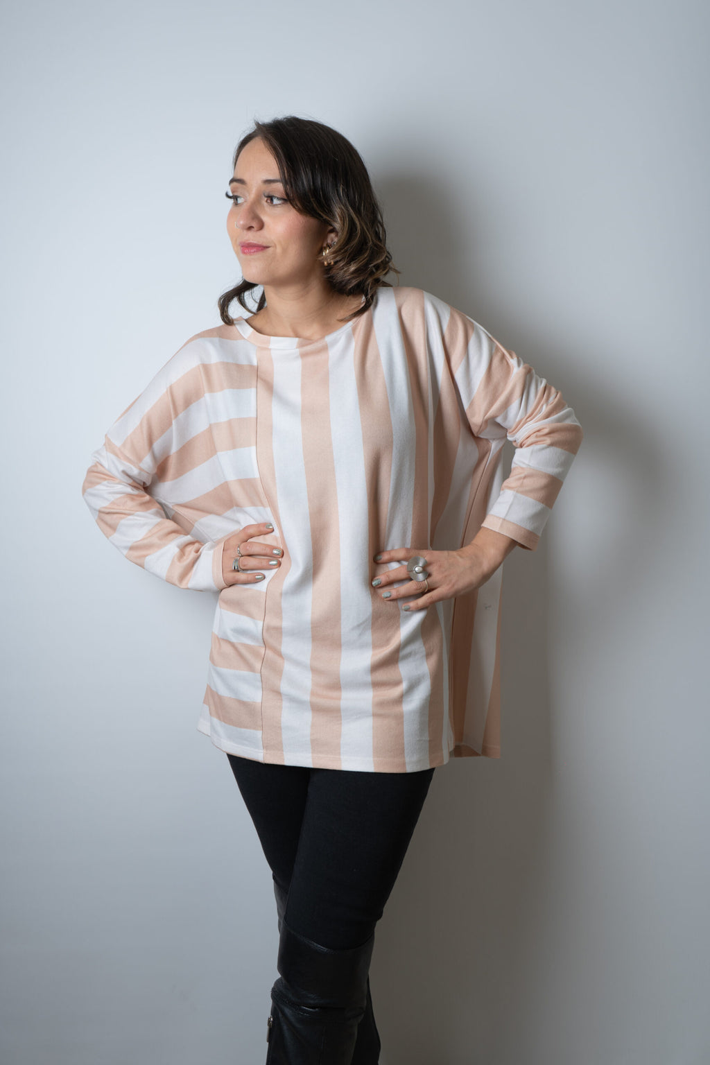 Polera Lanilla Lineas - Blanco y rosa claro