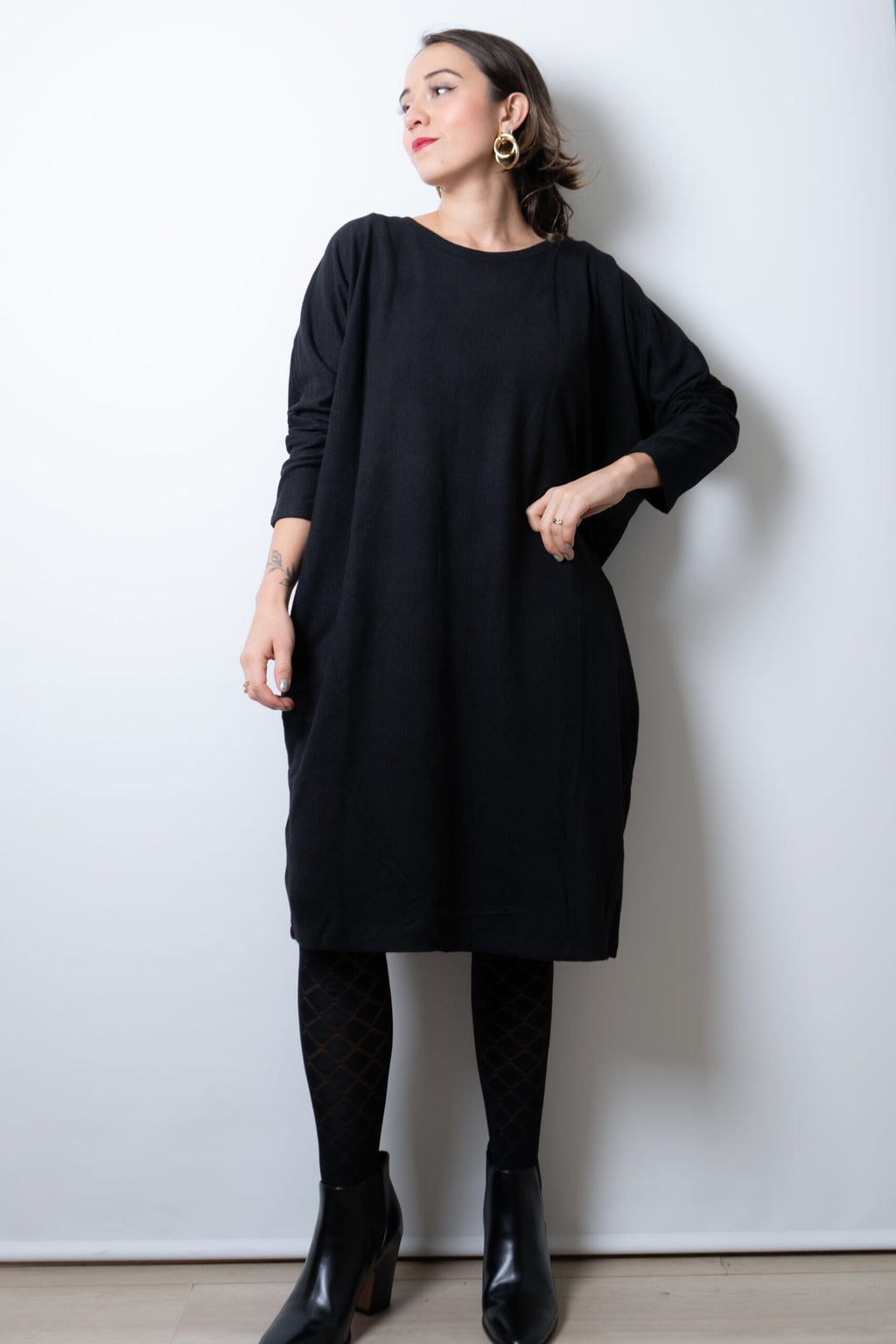 Vestido Lanilla algodón - cuello redondo - Negro