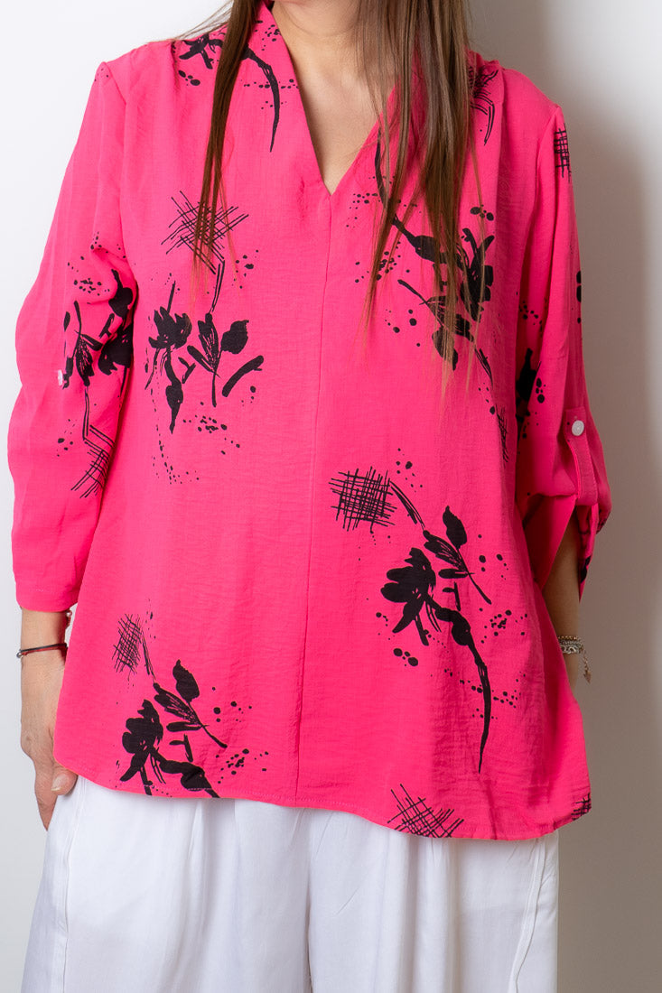 Blusa diseño flores y lineas - Fucsia