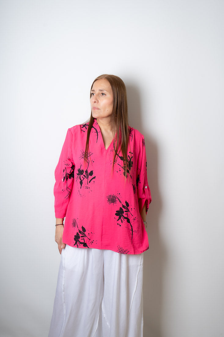 Blusa diseño flores y lineas - Fucsia