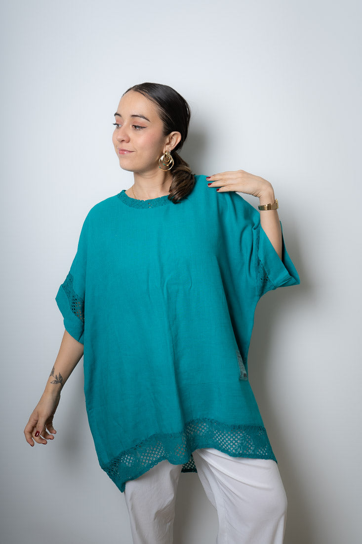 Polera aplicación Brodery - Turquesa