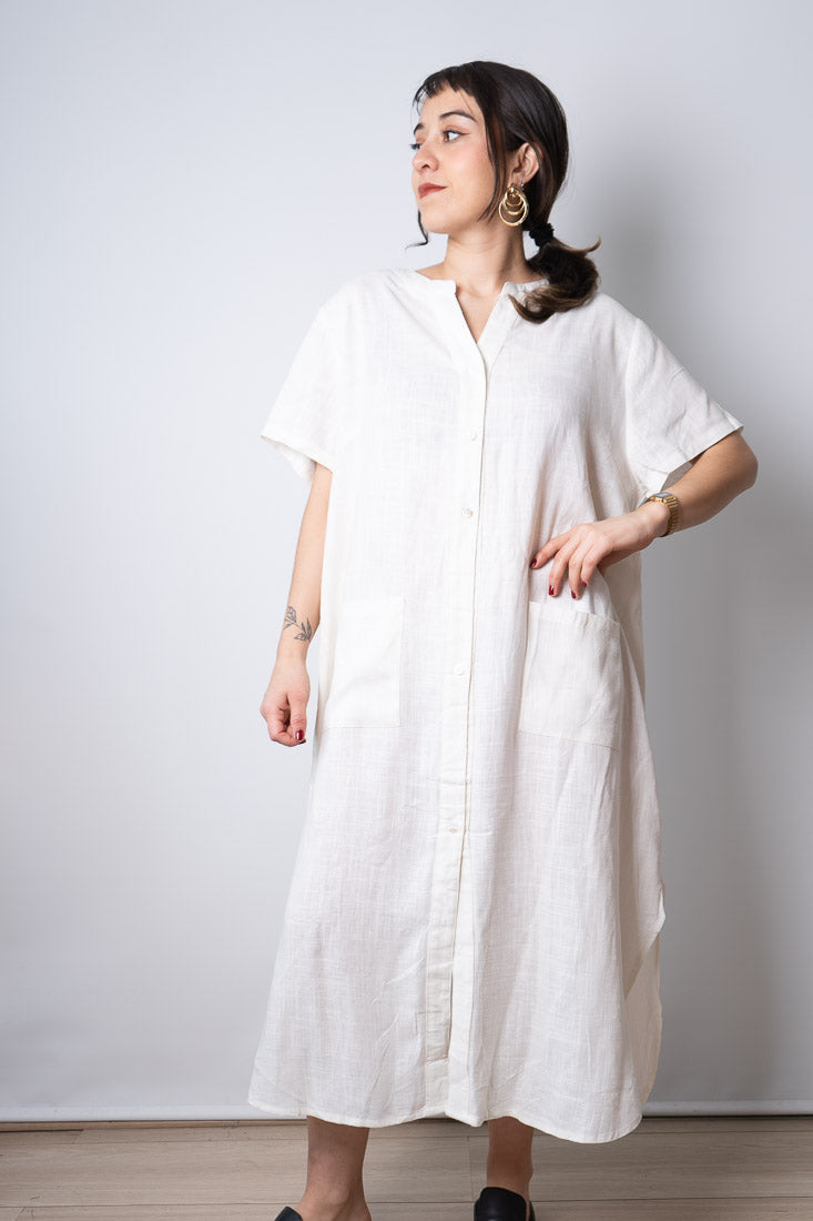 Vestido Lino - con bolsillos -  Blanco