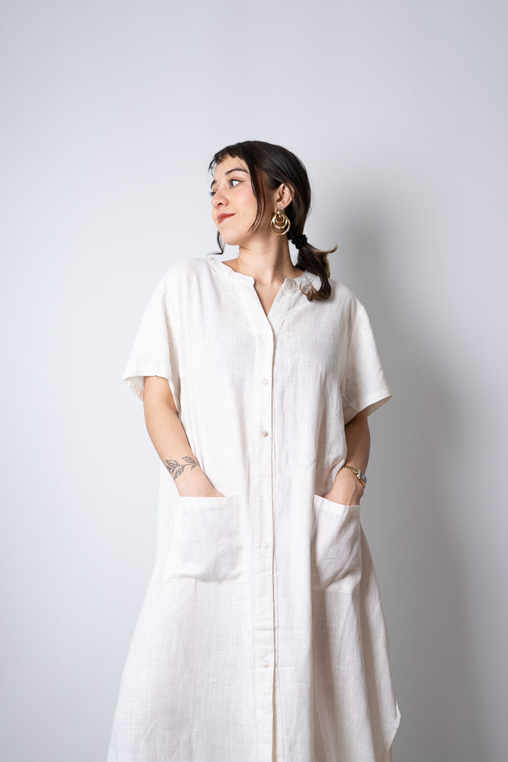 Vestido Lino - con bolsillos -  Blanco