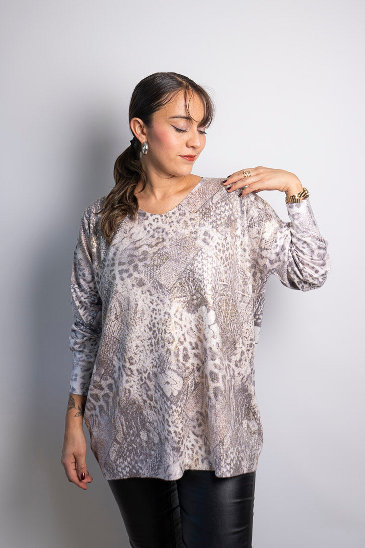 Sweater Animal print  leopardo - Beige con brillos dorados