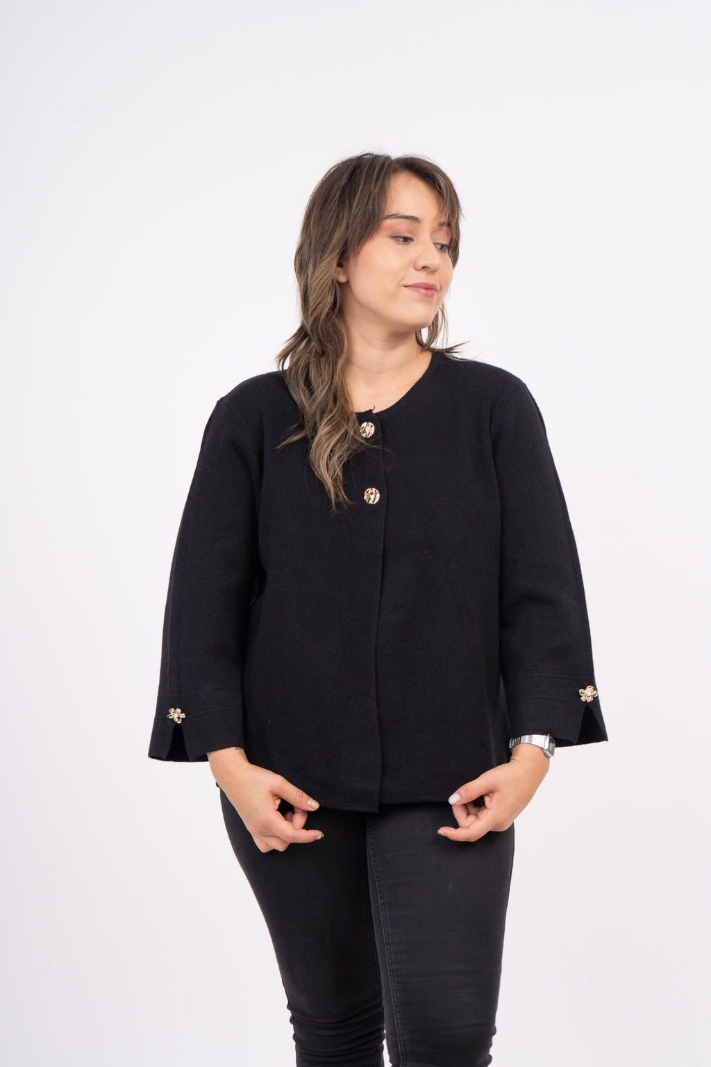 Sweater abierto - Boton dorado - Negro