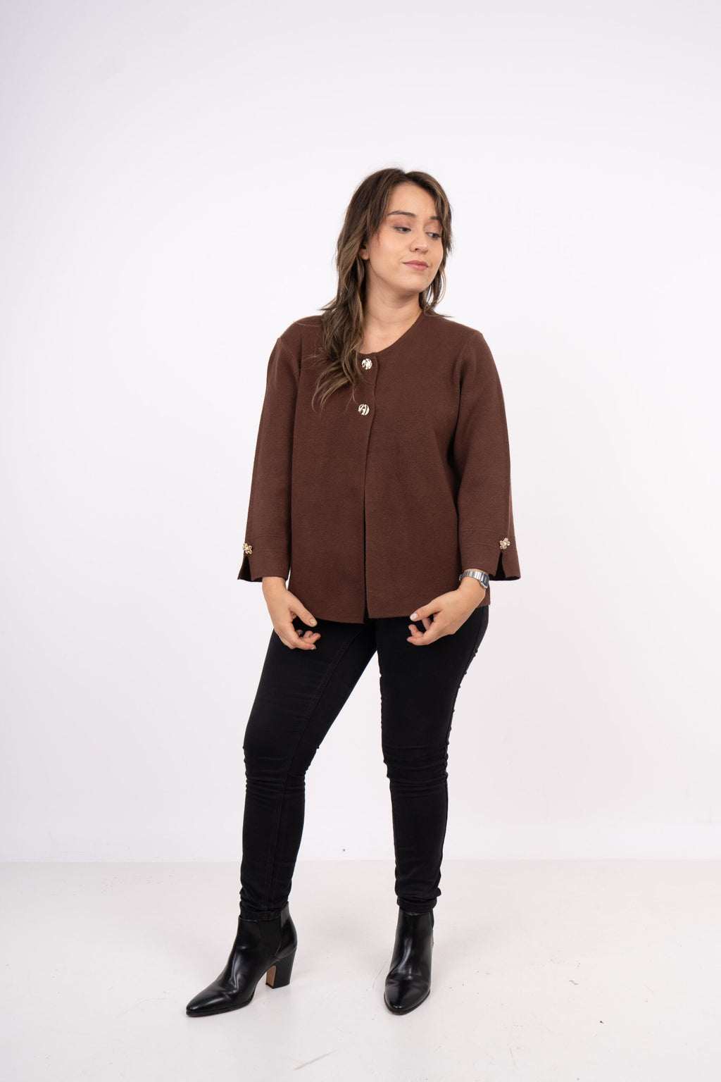 Sweater abierto - Boton dorado - Cafe