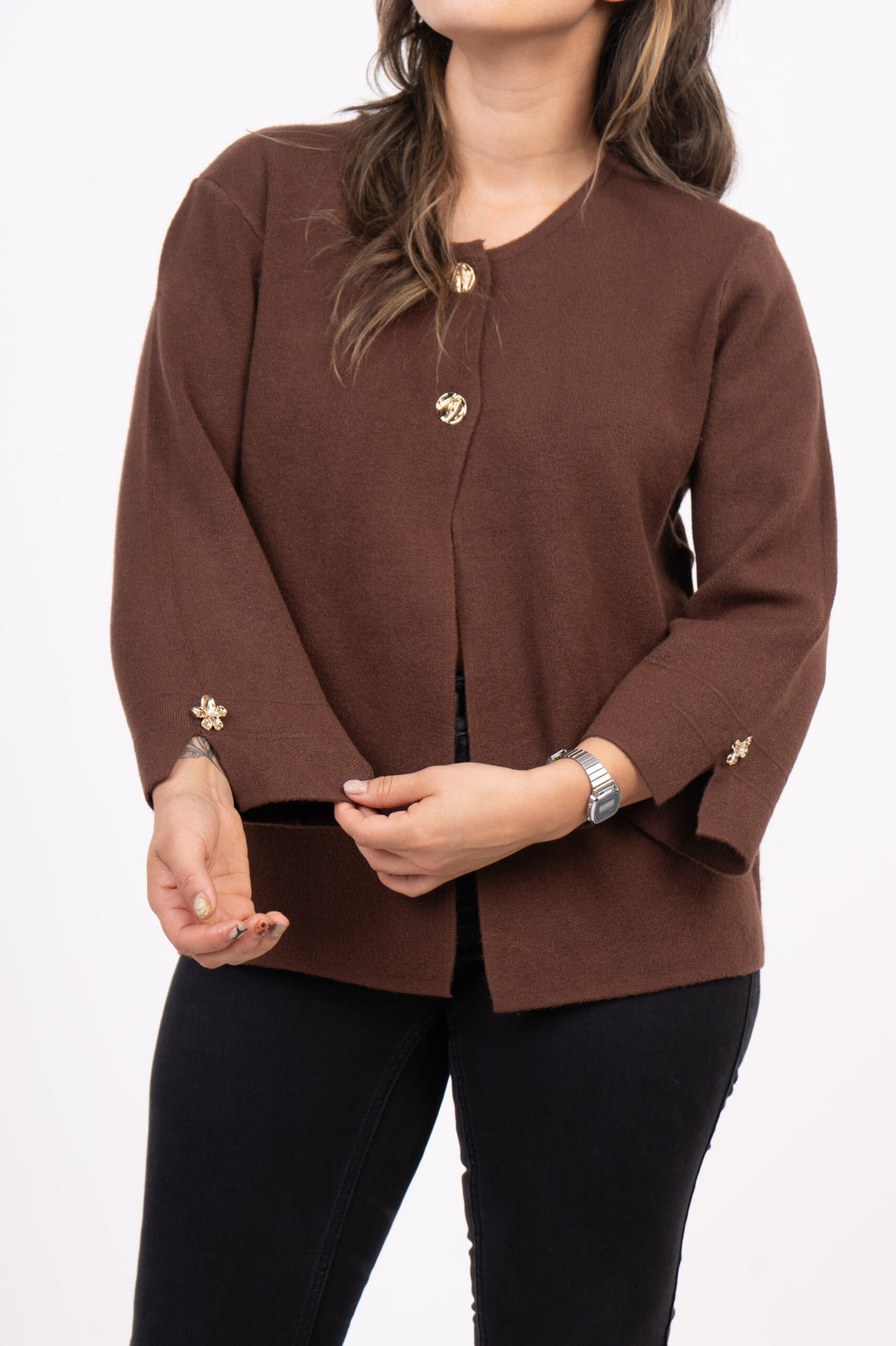 Sweater abierto - Boton dorado - Cafe