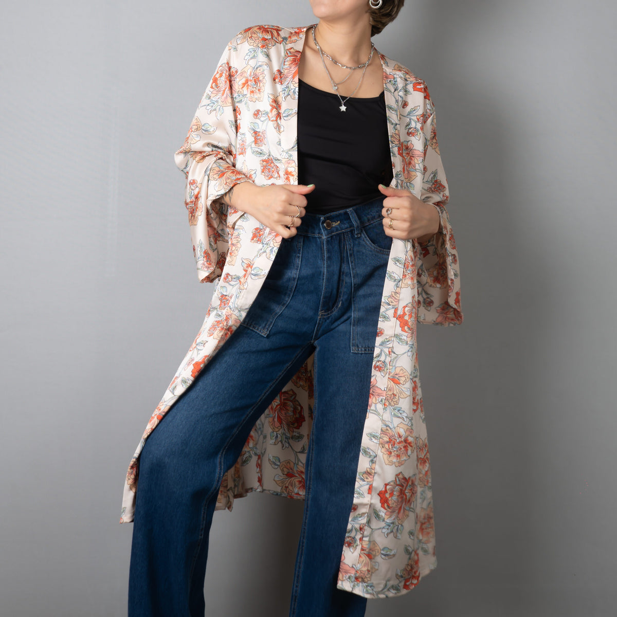 Kimono flores - Crudo y coral