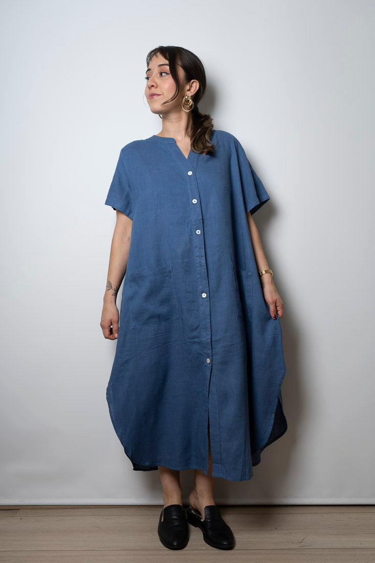 Vestido Lino - con bolsillos -  Azul