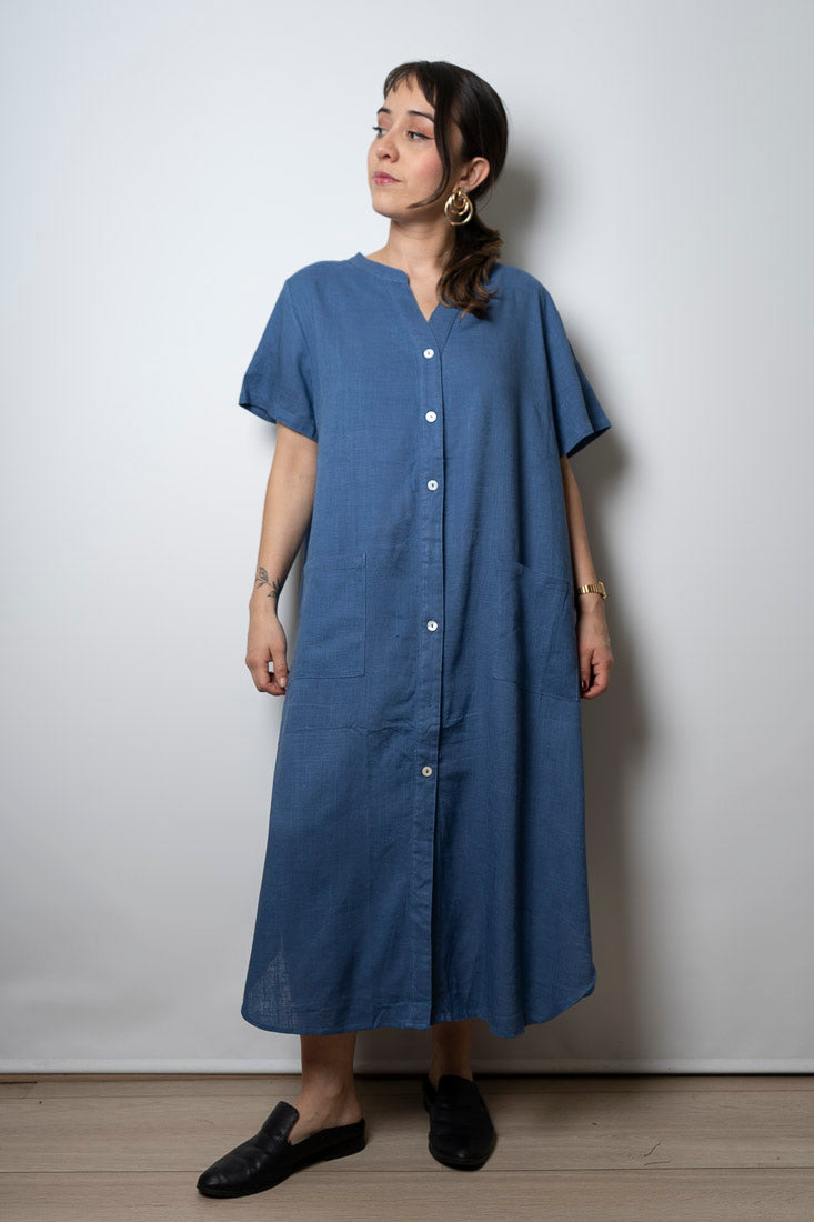 Vestido Lino - con bolsillos -  Azul