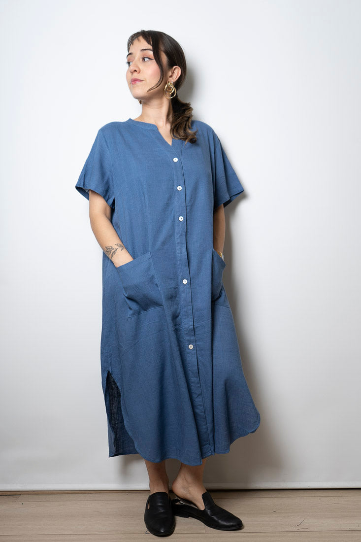 Vestido Lino - con bolsillos -  Azul