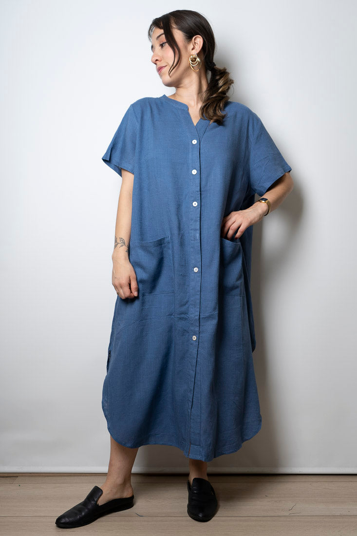 Vestido Lino - con bolsillos -  Azul