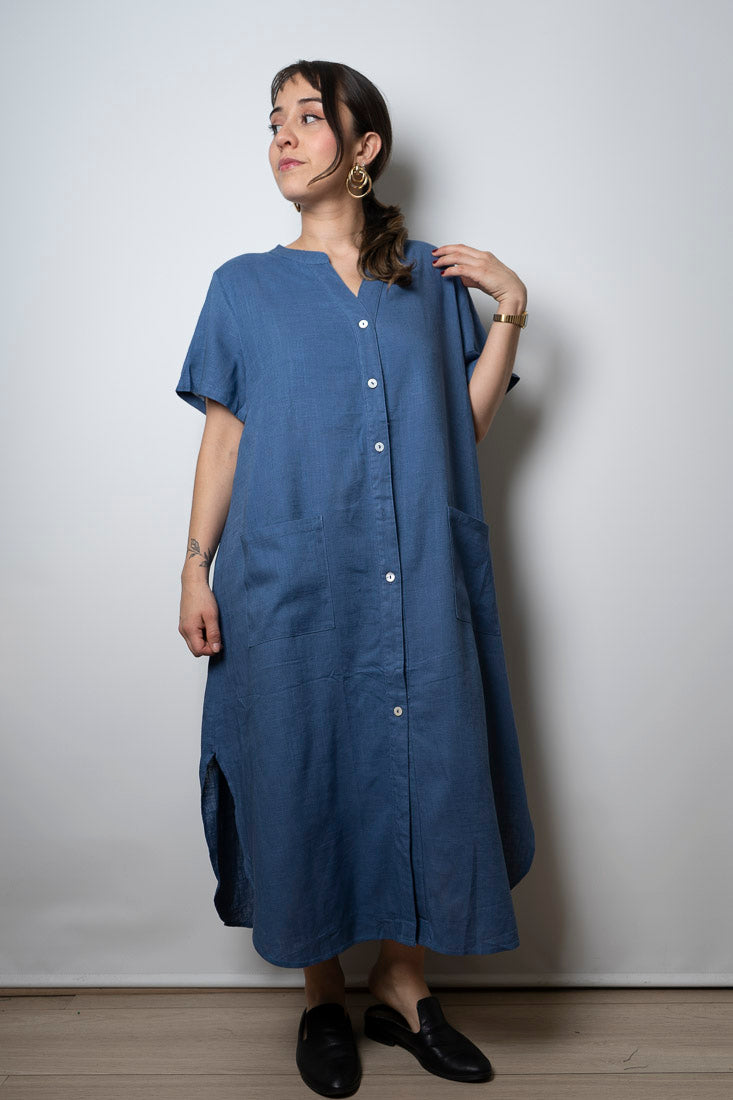 Vestido Lino - con bolsillos -  Azul