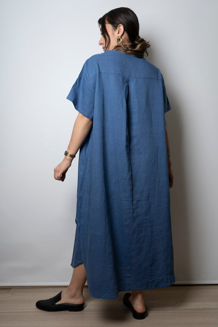 Vestido Lino - con bolsillos -  Azul
