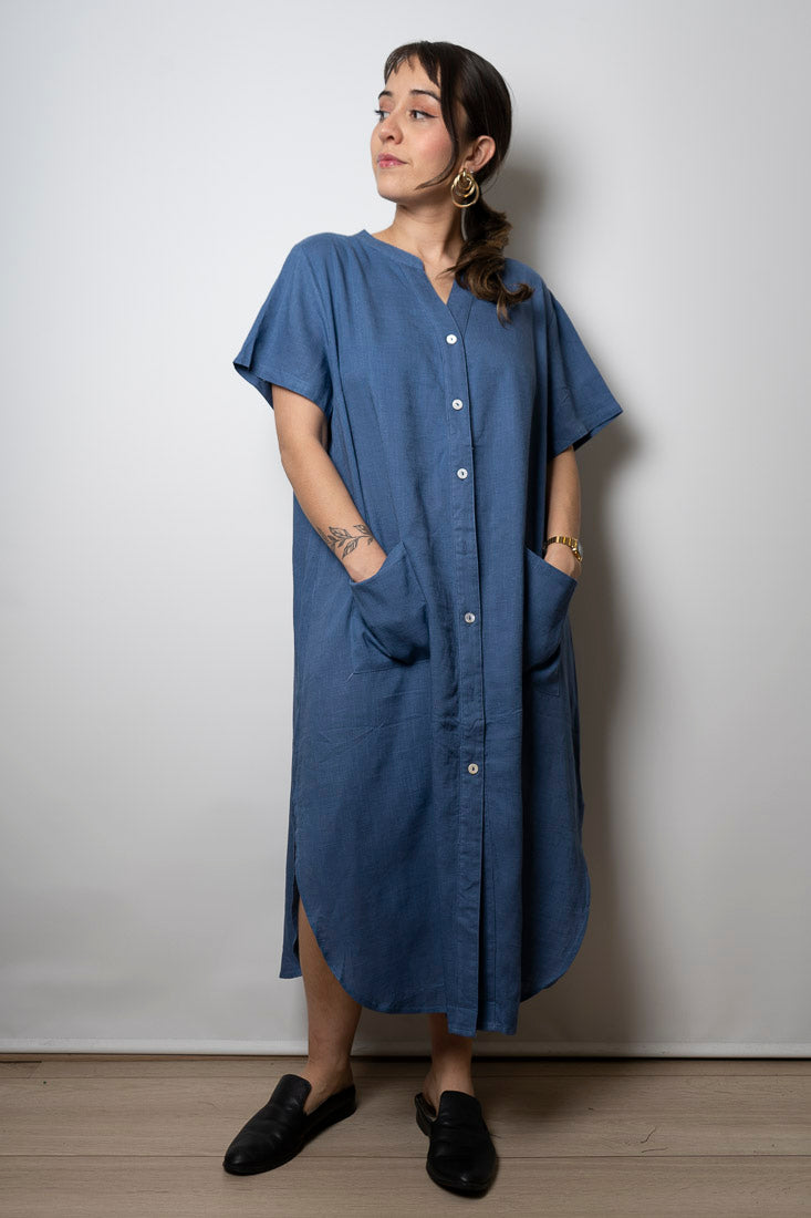 Vestido Lino - con bolsillos -  Azul