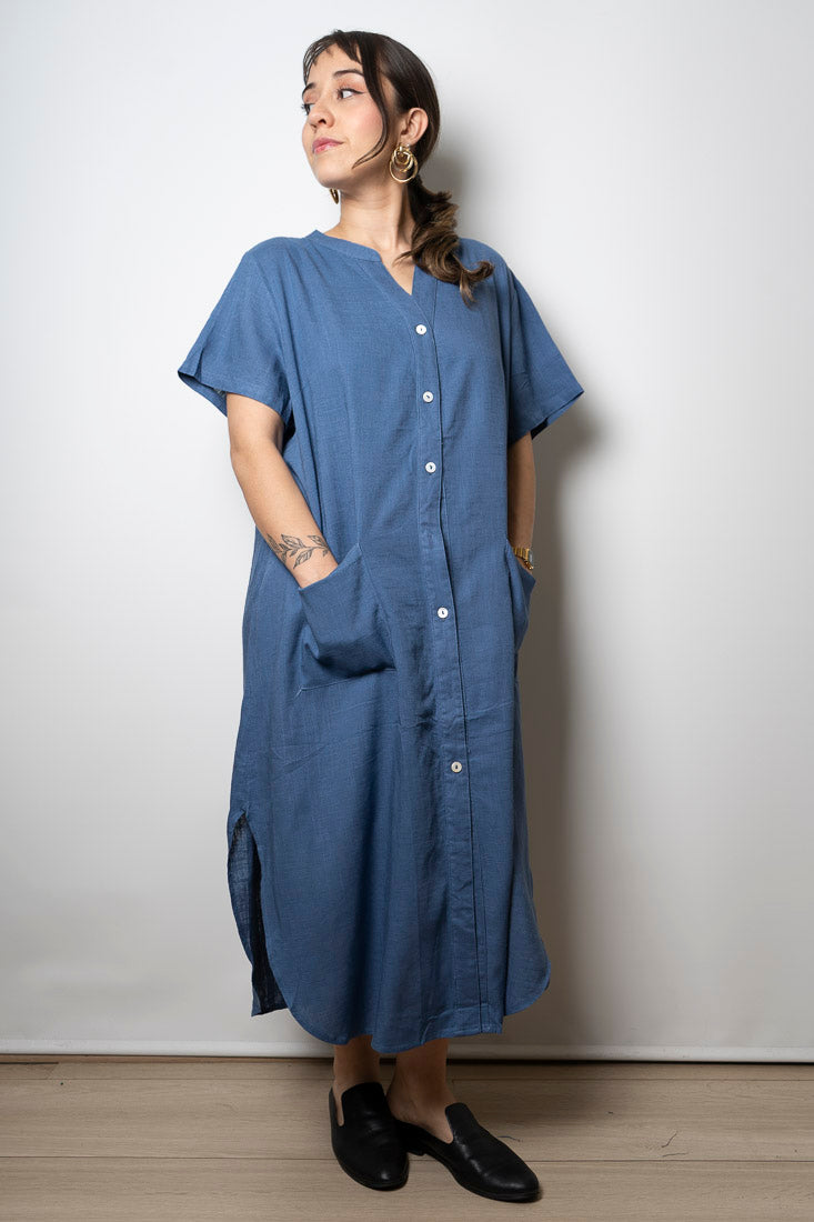 Vestido Lino - con bolsillos -  Azul