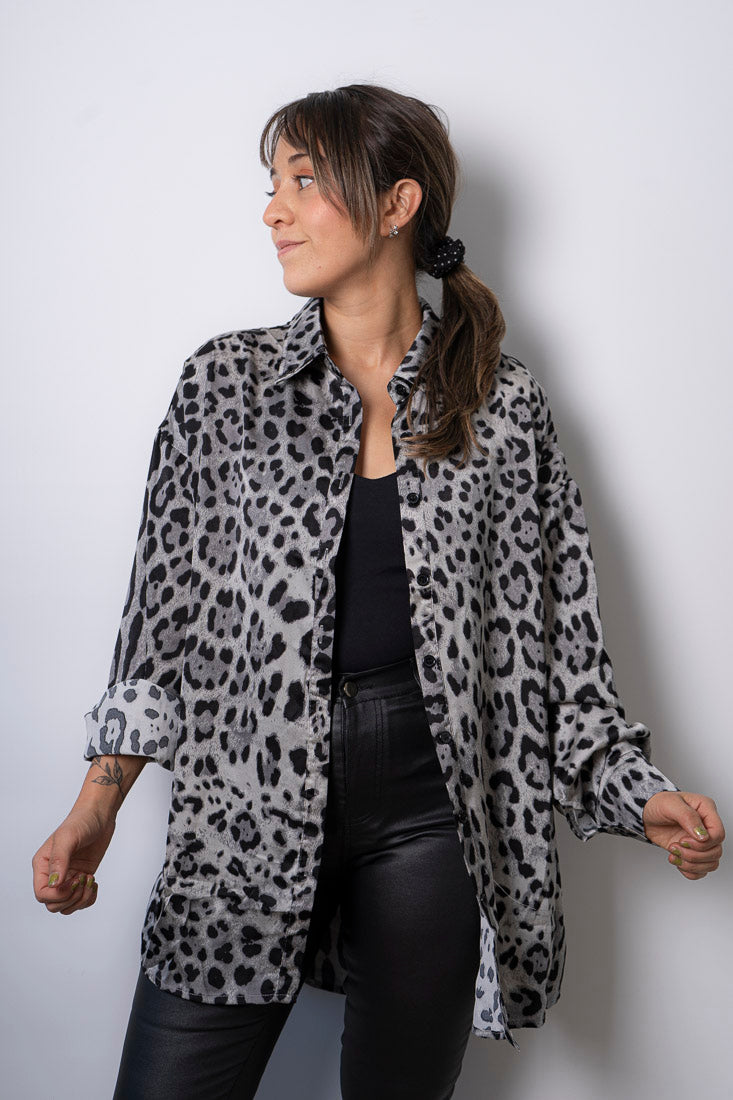 Blusa Satín - Animal print - Gris