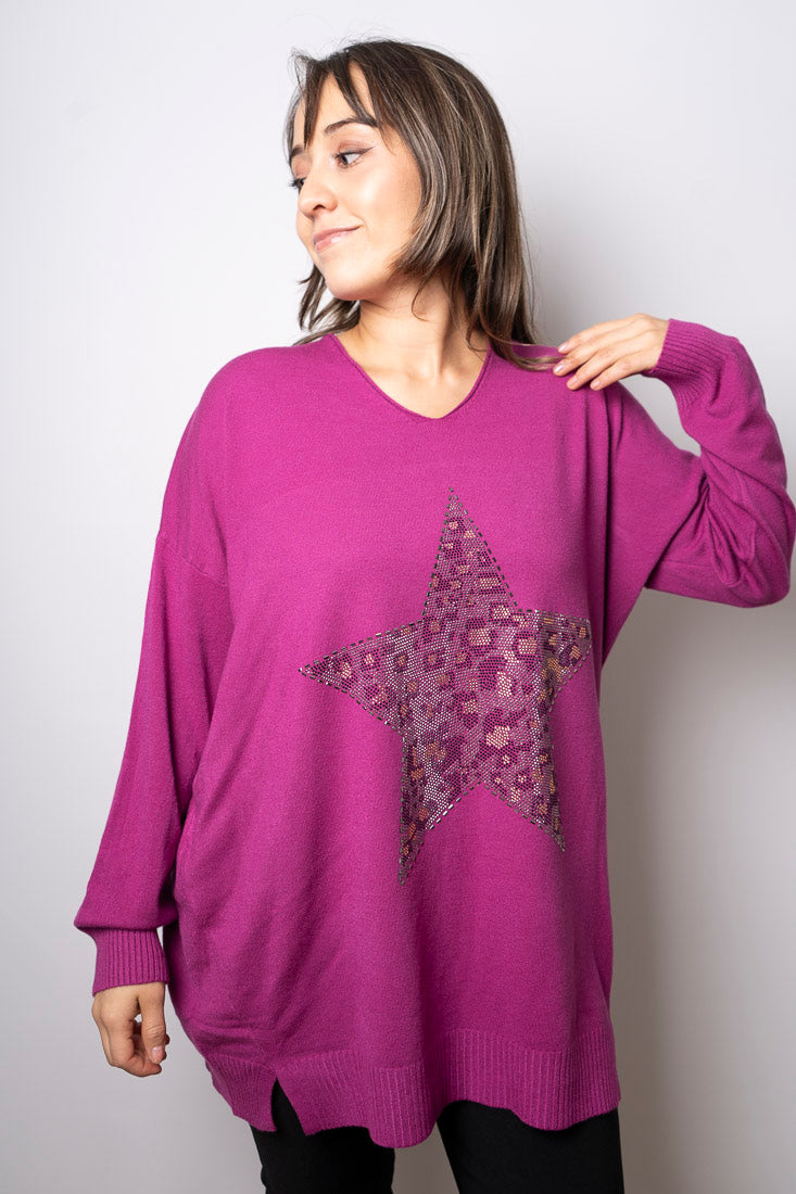 Sweater Estrella brillos - Magenta