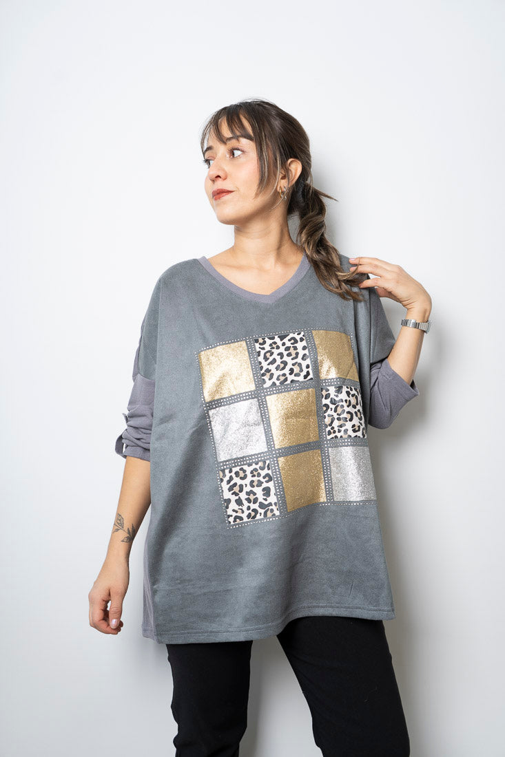 Polera Detalle animal print - Gris